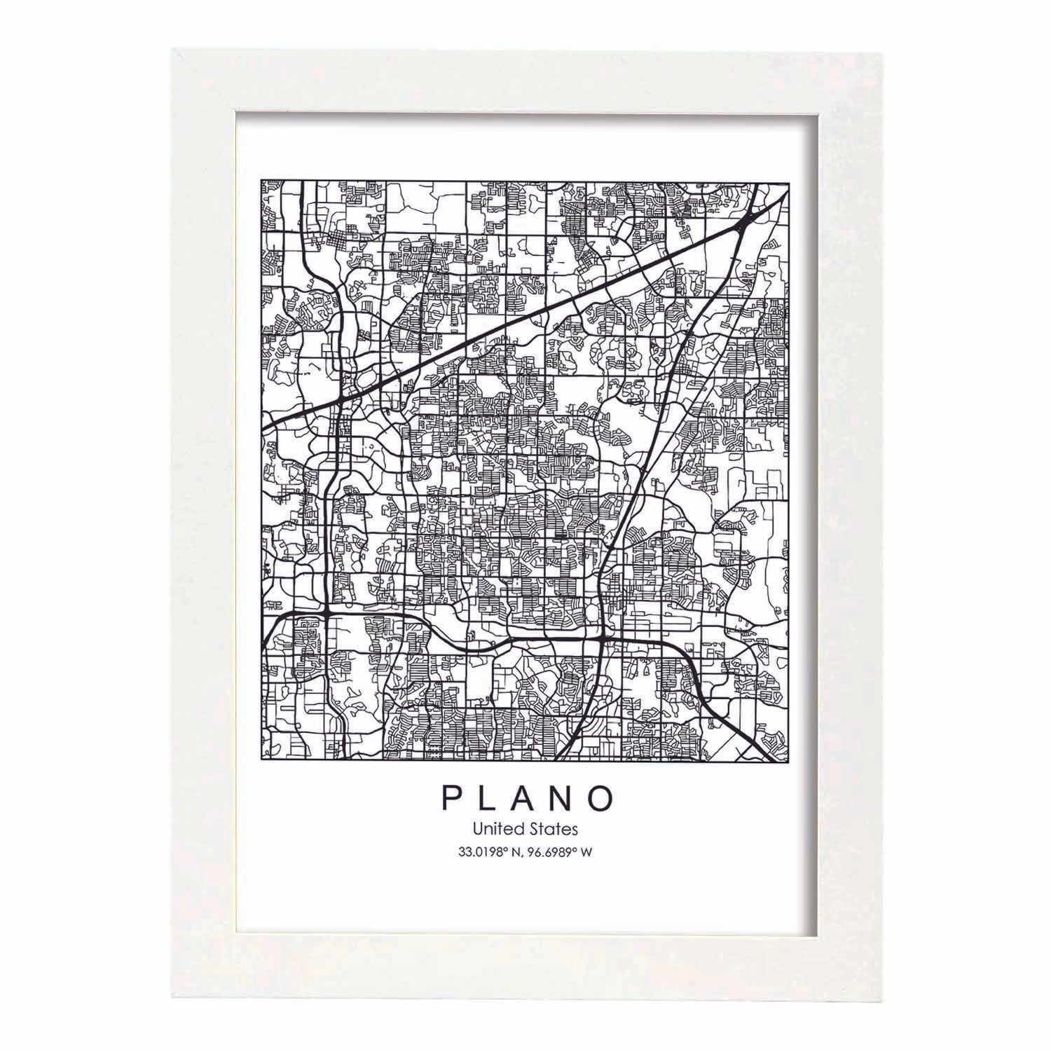 Poster con mapa de Plano. Lámina de Estados Unidos, con imágenes de mapas y carreteras-Artwork-Nacnic-A3-Marco Blanco-Nacnic Estudio SL