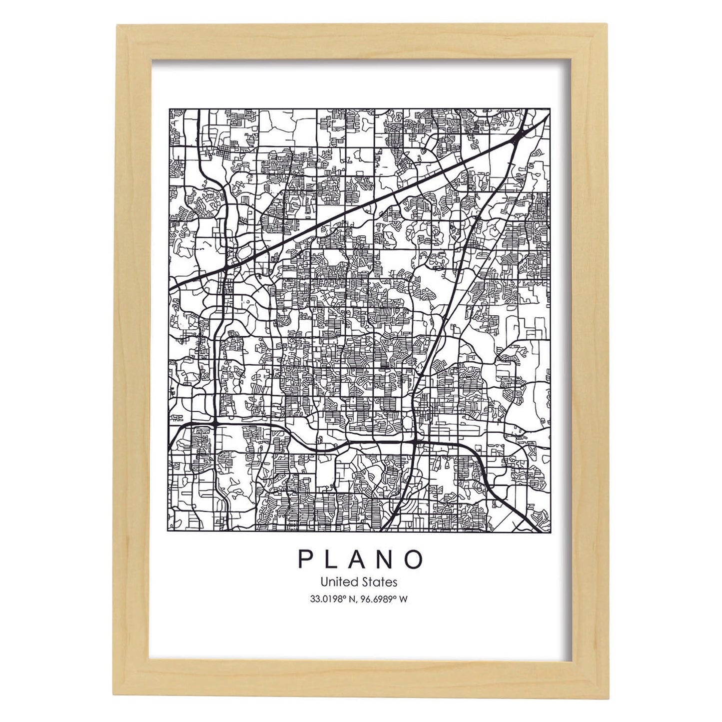 Poster con mapa de Plano. Lámina de Estados Unidos, con imágenes de mapas y carreteras-Artwork-Nacnic-A3-Marco Madera clara-Nacnic Estudio SL