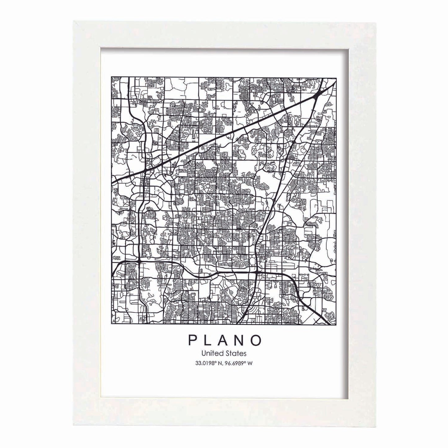 Poster con mapa de Plano. Lámina de Estados Unidos, con imágenes de mapas y carreteras-Artwork-Nacnic-A4-Marco Blanco-Nacnic Estudio SL