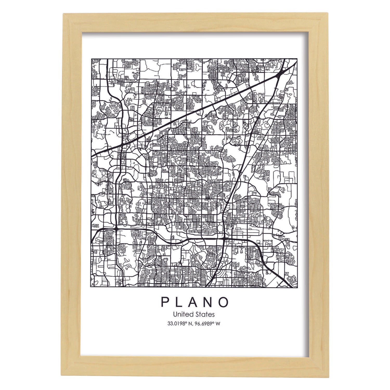 Poster con mapa de Plano. Lámina de Estados Unidos, con imágenes de mapas y carreteras-Artwork-Nacnic-A4-Marco Madera clara-Nacnic Estudio SL