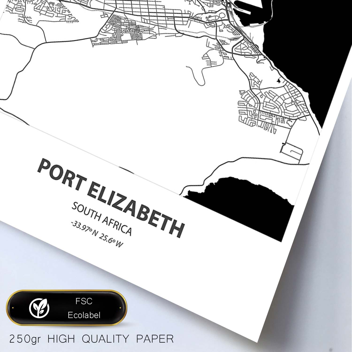 Poster con mapa de Port Elizabeth - Sudáfrica. Láminas de ciudades de África con mares y ríos en color negro.-Artwork-Nacnic-Nacnic Estudio SL