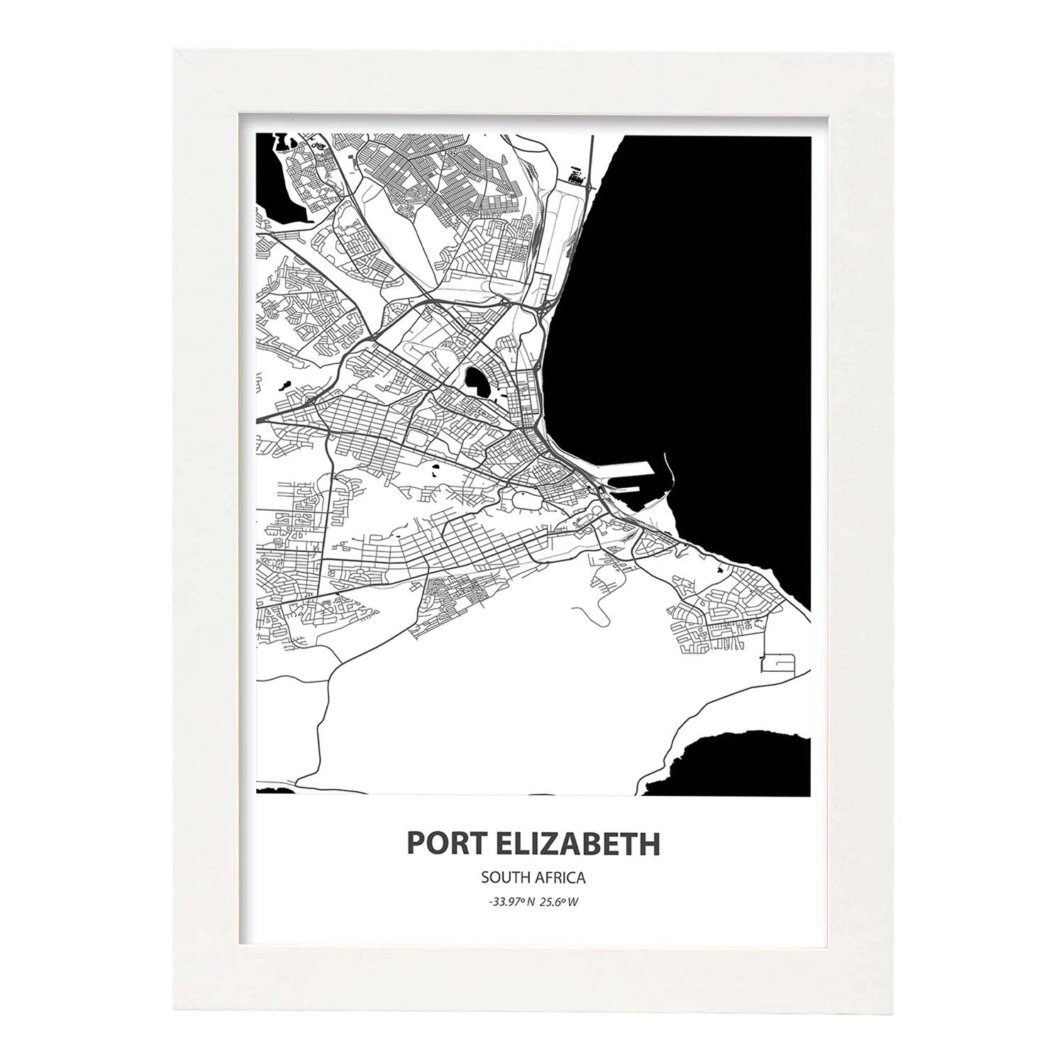 Poster con mapa de Port Elizabeth - Sudáfrica. Láminas de ciudades de África con mares y ríos en color negro.-Artwork-Nacnic-A3-Marco Blanco-Nacnic Estudio SL