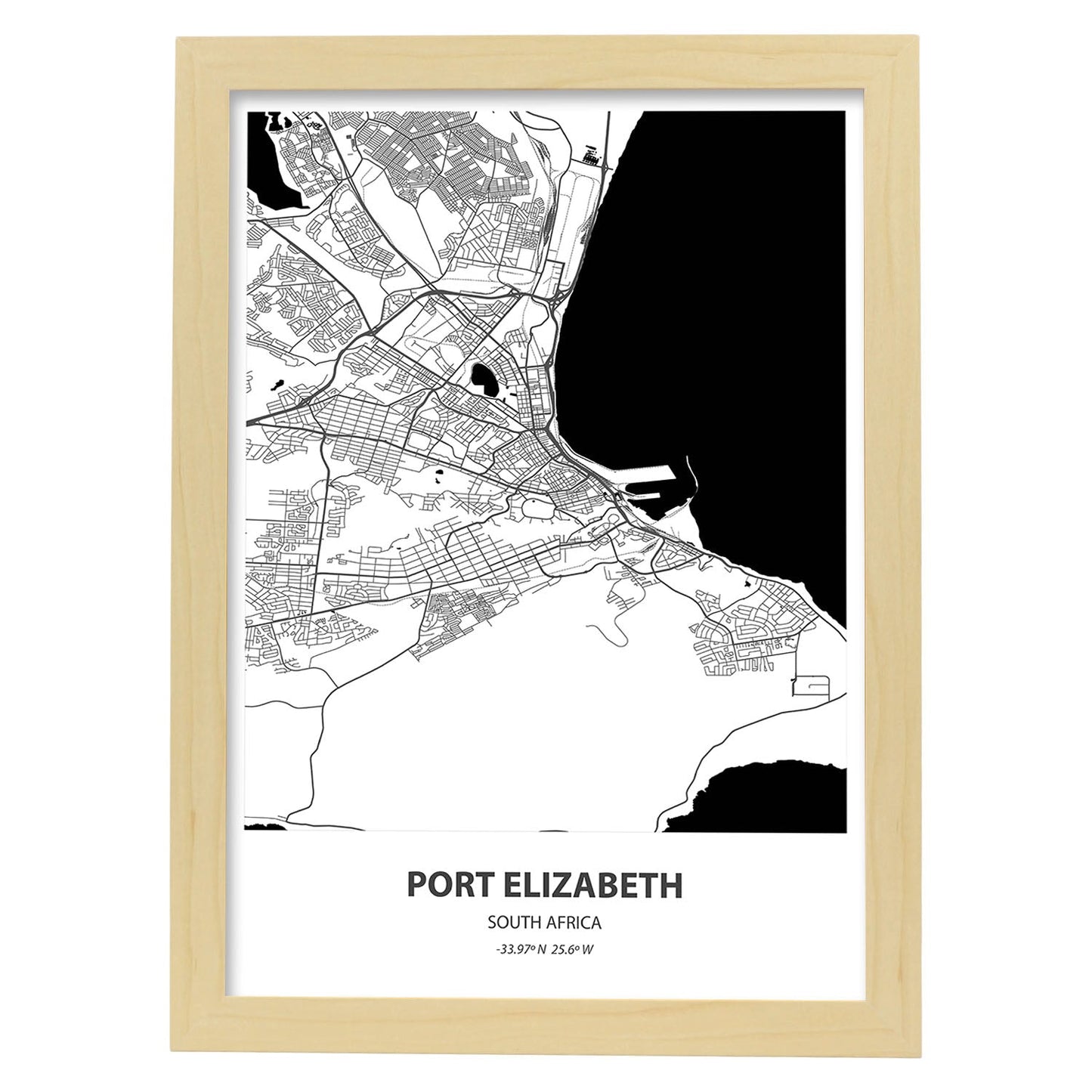 Poster con mapa de Port Elizabeth - Sudáfrica. Láminas de ciudades de África con mares y ríos en color negro.-Artwork-Nacnic-A3-Marco Madera clara-Nacnic Estudio SL