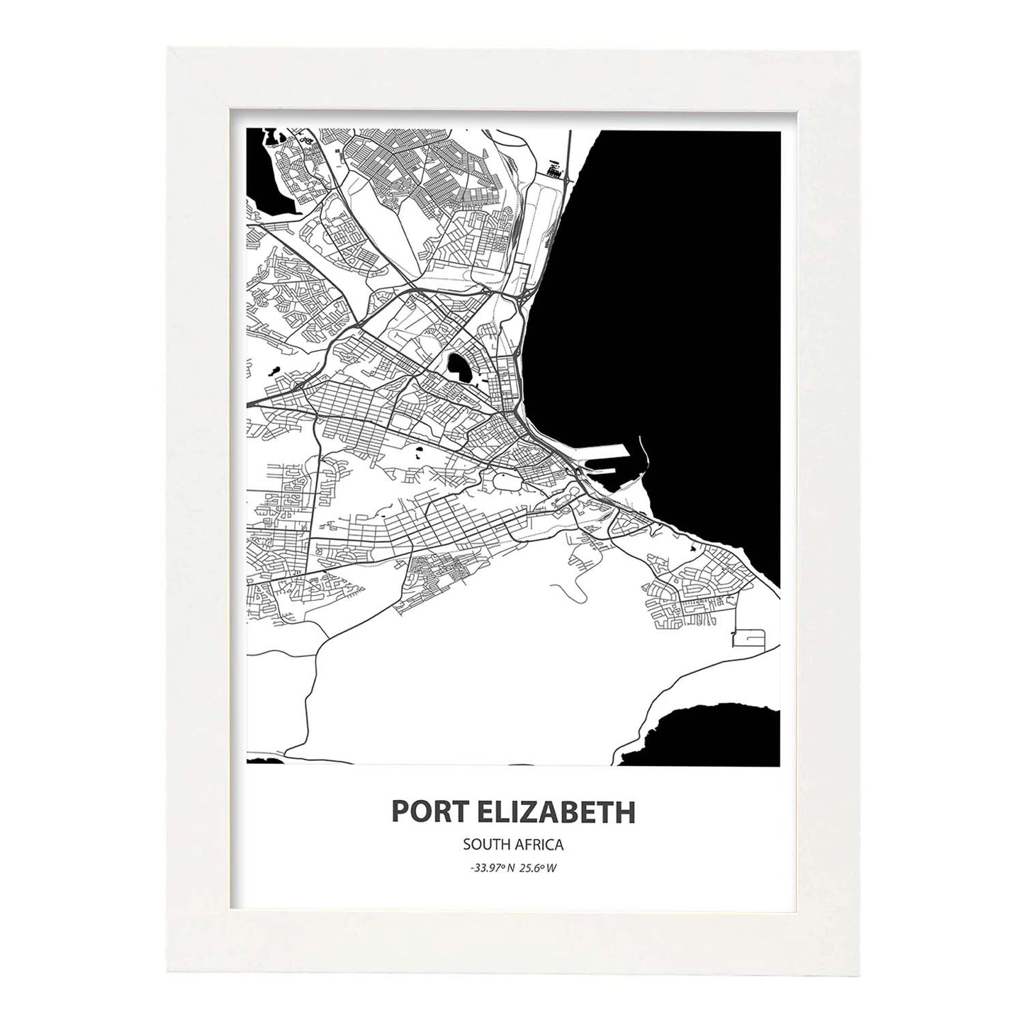 Poster con mapa de Port Elizabeth - Sudáfrica. Láminas de ciudades de África con mares y ríos en color negro.-Artwork-Nacnic-A4-Marco Blanco-Nacnic Estudio SL