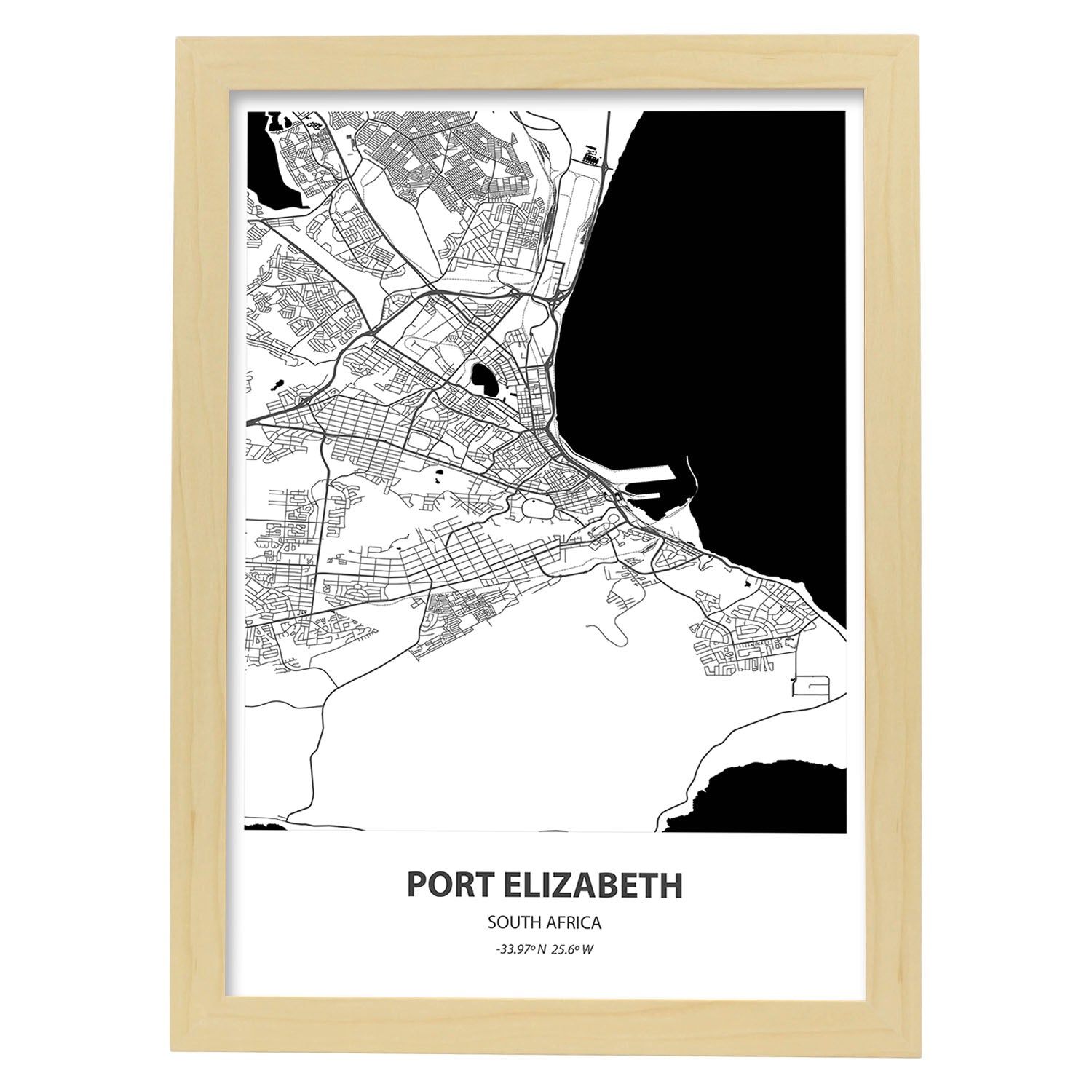 Poster con mapa de Port Elizabeth - Sudáfrica. Láminas de ciudades de África con mares y ríos en color negro.-Artwork-Nacnic-A4-Marco Madera clara-Nacnic Estudio SL