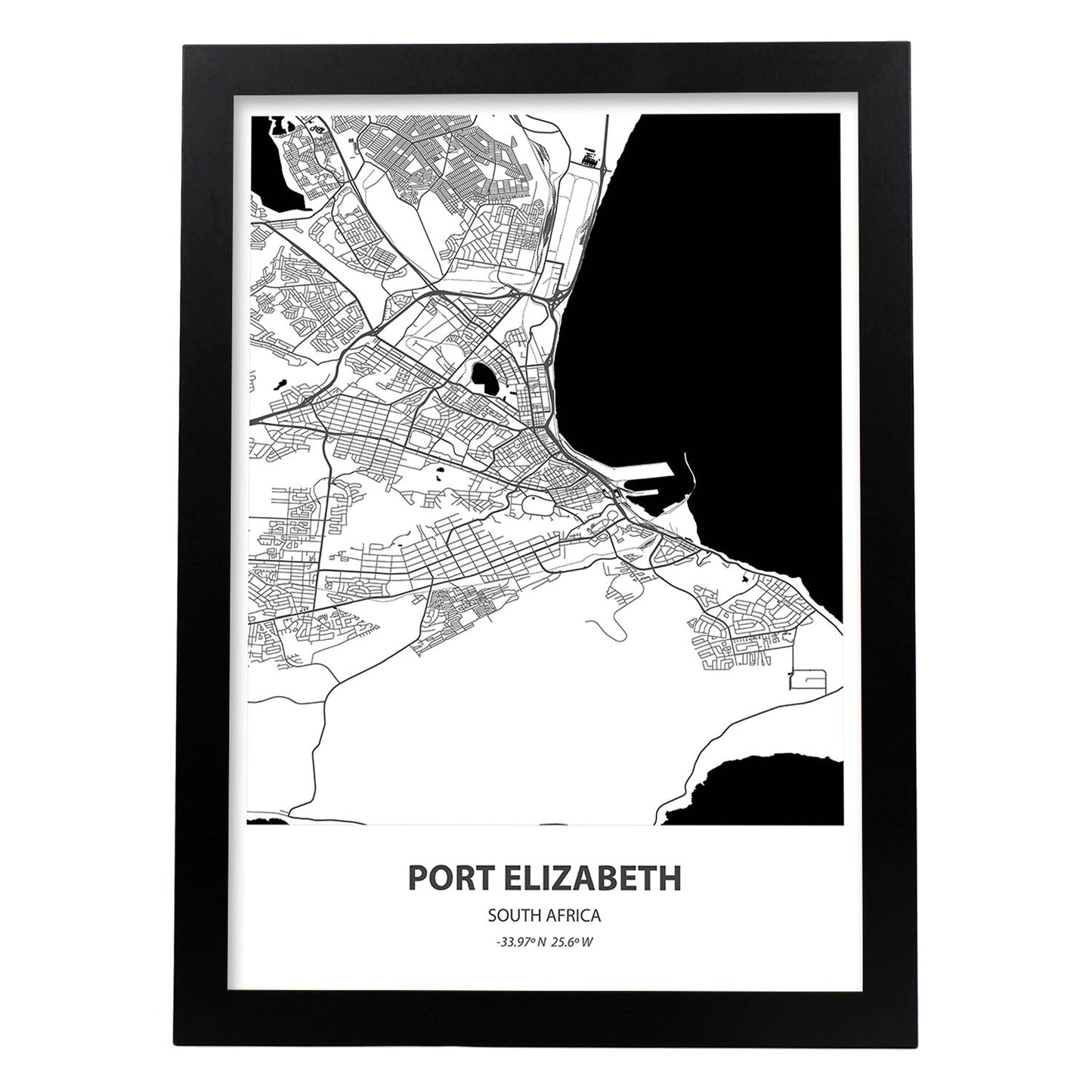 Poster con mapa de Port Elizabeth - Sudáfrica. Láminas de ciudades de África con mares y ríos en color negro.-Artwork-Nacnic-A4-Marco Negro-Nacnic Estudio SL