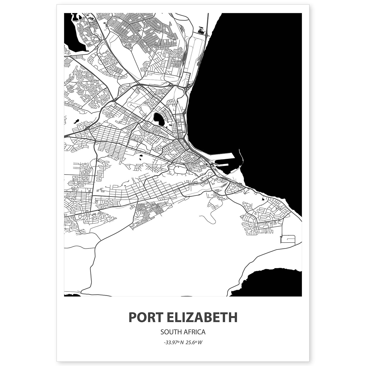 Poster con mapa de Port Elizabeth - Sudáfrica. Láminas de ciudades de África con mares y ríos en color negro.-Artwork-Nacnic-A4-Sin marco-Nacnic Estudio SL