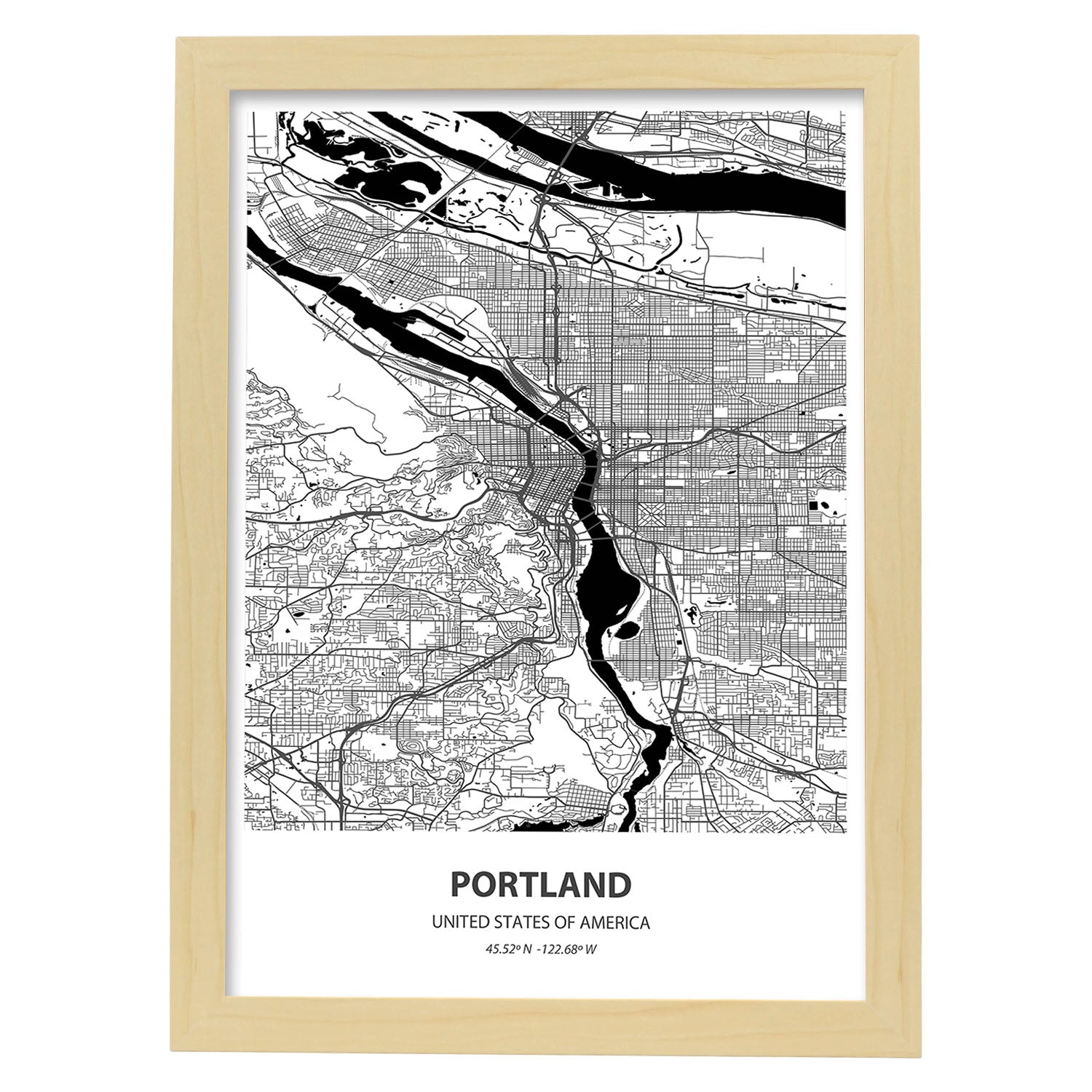 Poster con mapa de Portland - USA. Láminas de ciudades de Estados Unidos con mares y ríos en color negro.-Artwork-Nacnic-A4-Marco Madera clara-Nacnic Estudio SL