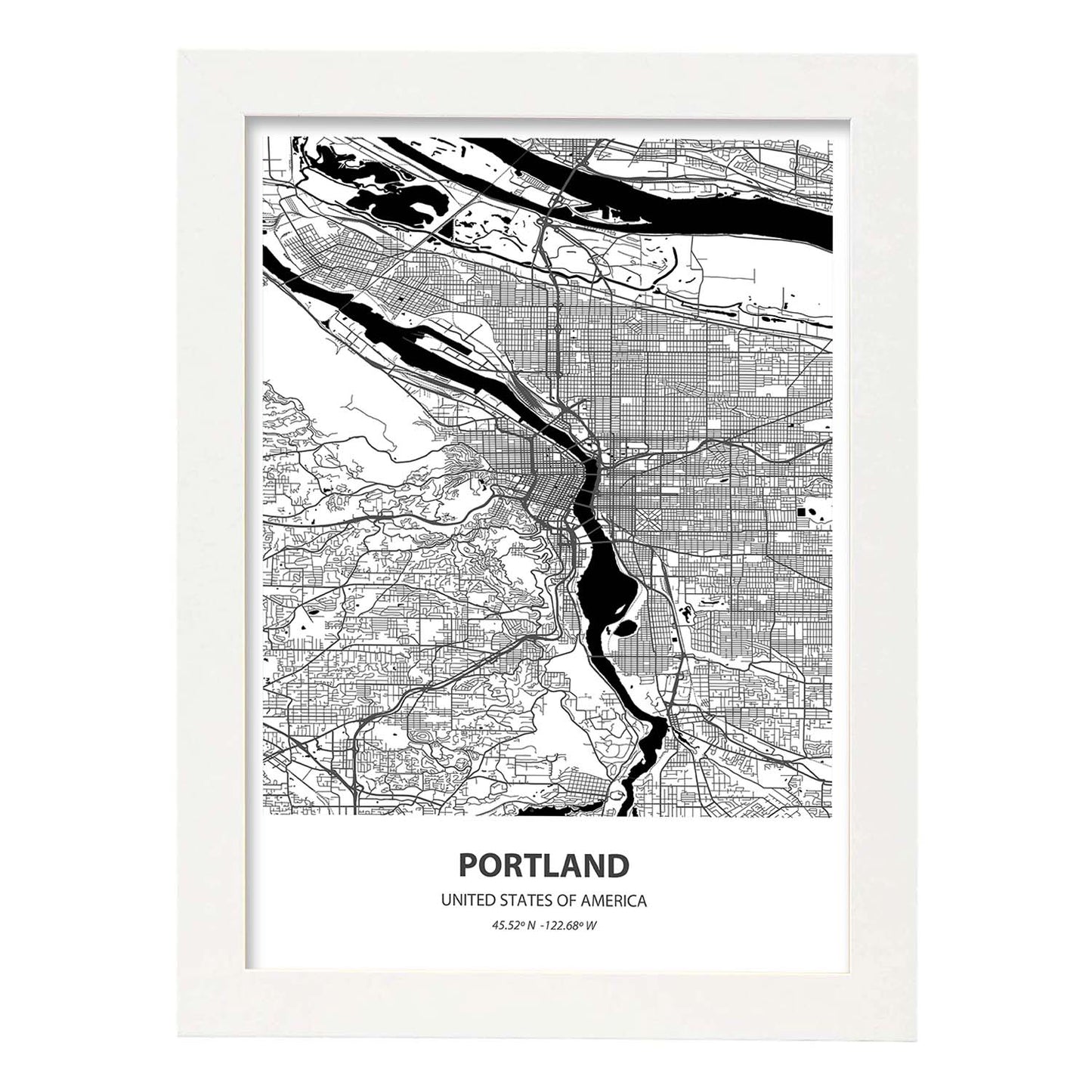 Poster con mapa de Portland - USA. Láminas de ciudades de Estados Unidos con mares y ríos en color negro.-Artwork-Nacnic-A3-Marco Blanco-Nacnic Estudio SL