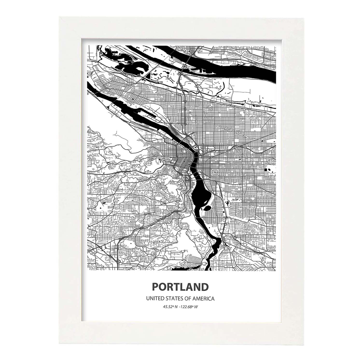 Poster con mapa de Portland - USA. Láminas de ciudades de Estados Unidos con mares y ríos en color negro.-Artwork-Nacnic-A3-Marco Blanco-Nacnic Estudio SL