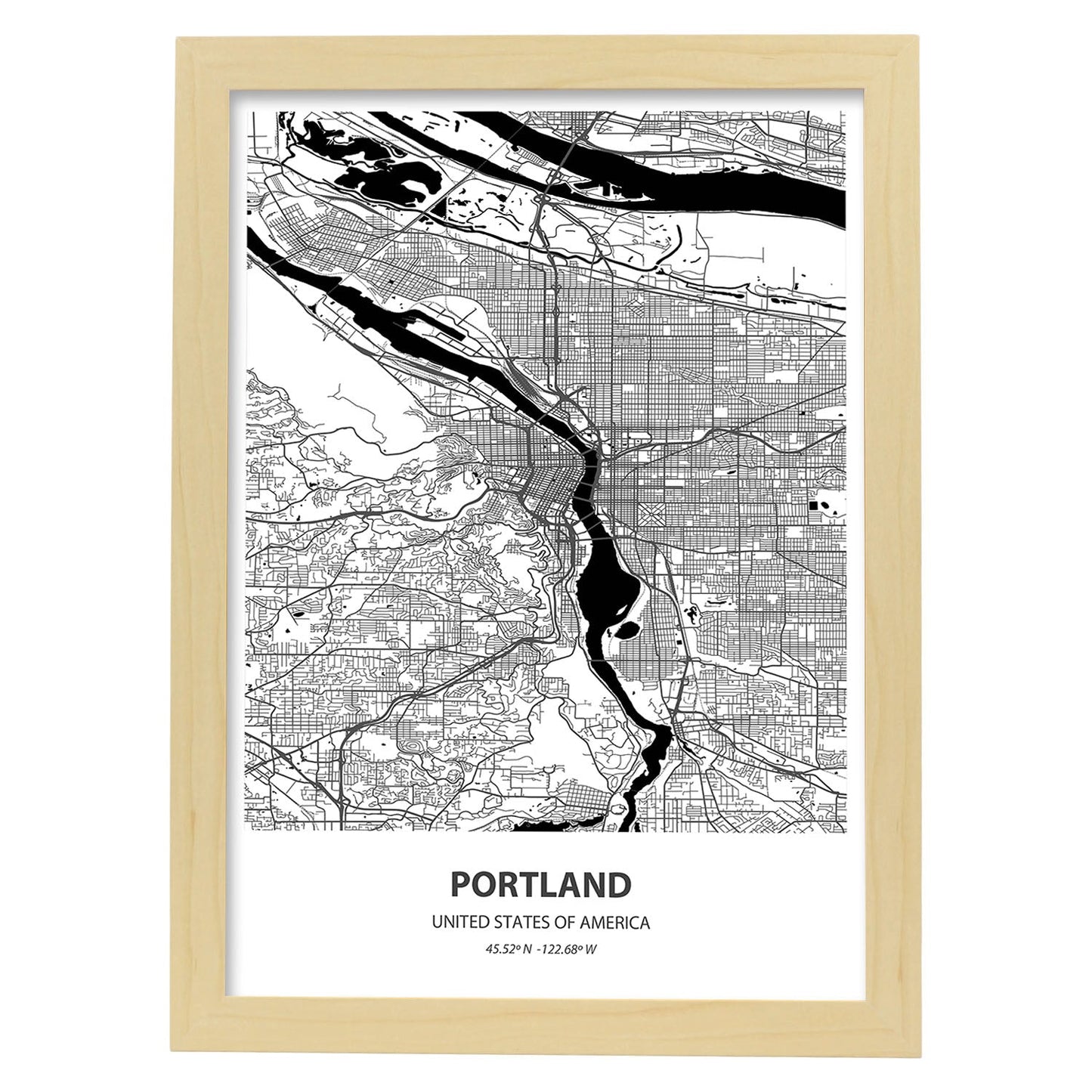 Poster con mapa de Portland - USA. Láminas de ciudades de Estados Unidos con mares y ríos en color negro.-Artwork-Nacnic-A3-Marco Madera clara-Nacnic Estudio SL
