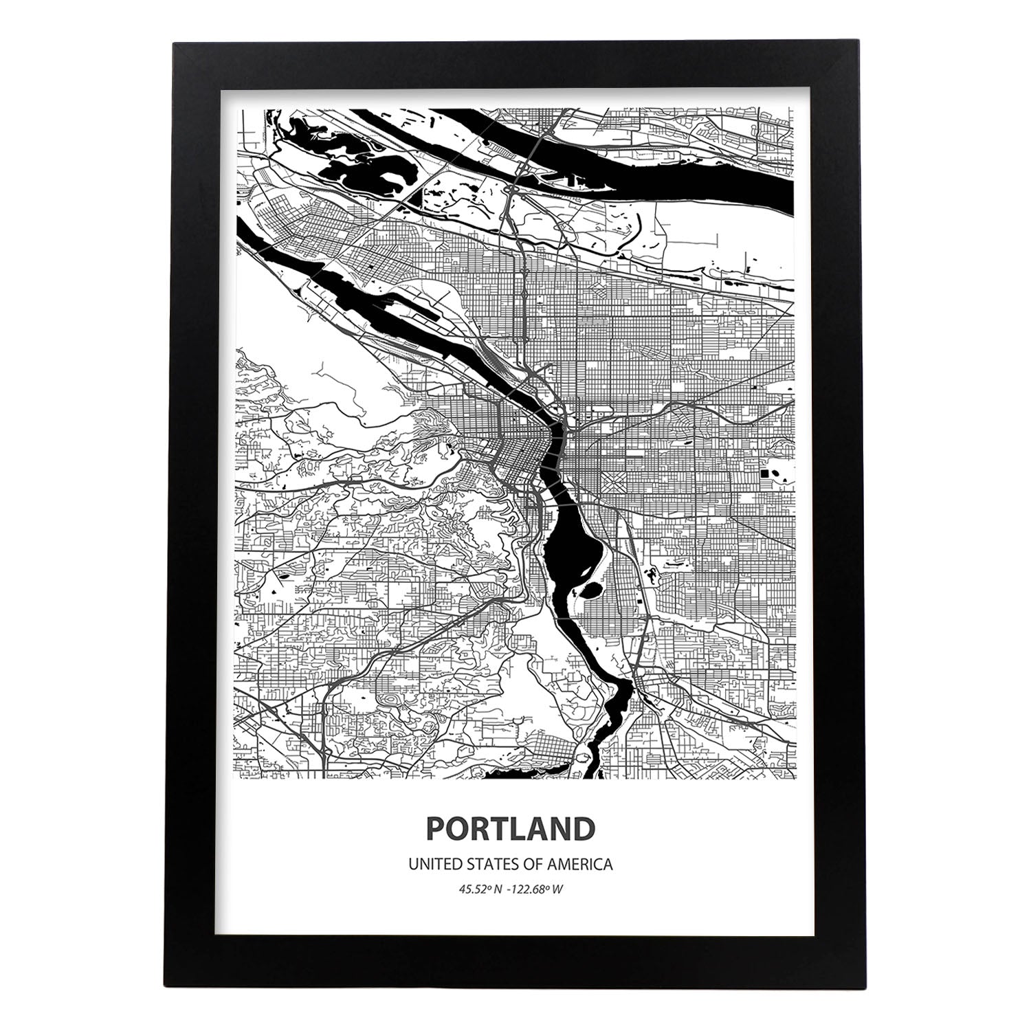 Poster con mapa de Portland - USA. Láminas de ciudades de Estados Unidos con mares y ríos en color negro.-Artwork-Nacnic-A3-Marco Negro-Nacnic Estudio SL