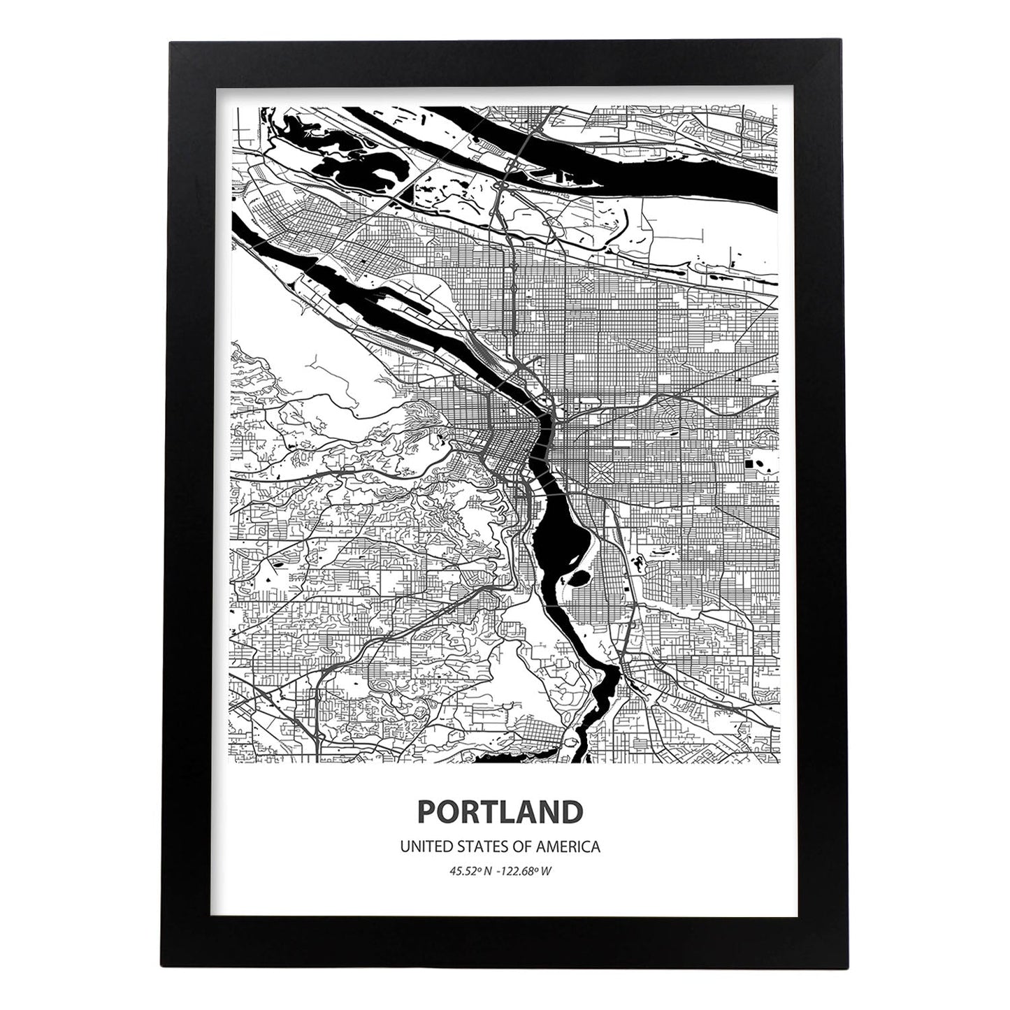 Poster con mapa de Portland - USA. Láminas de ciudades de Estados Unidos con mares y ríos en color negro.-Artwork-Nacnic-A4-Marco Negro-Nacnic Estudio SL