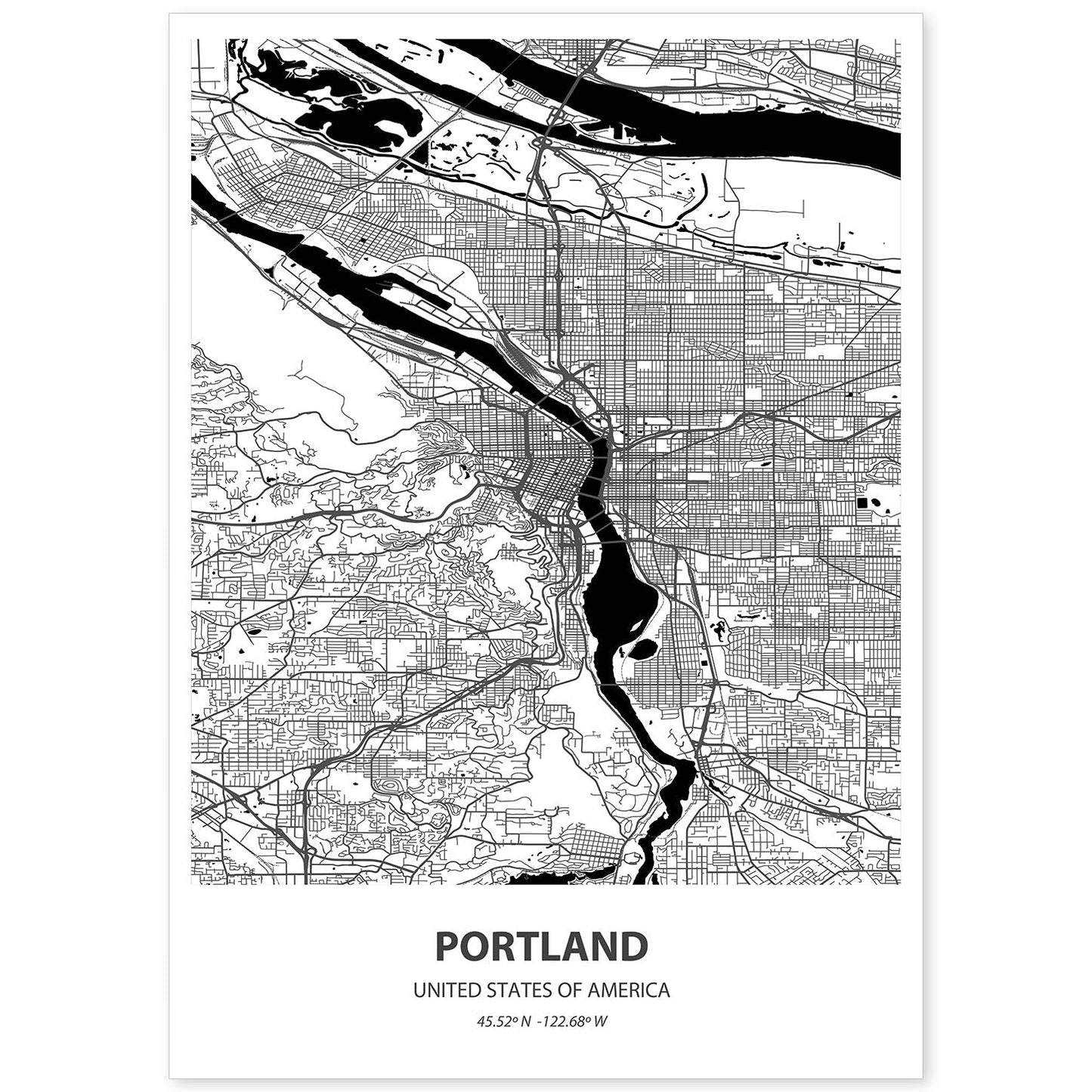 Poster con mapa de Portland - USA. Láminas de ciudades de Estados Unidos con mares y ríos en color negro.-Artwork-Nacnic-A4-Sin marco-Nacnic Estudio SL