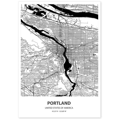 Poster con mapa de Portland - USA. Láminas de ciudades de Estados Unidos con mares y ríos en color negro.-Artwork-Nacnic-A4-Sin marco-Nacnic Estudio SL