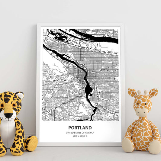 Poster con mapa de Portland - USA. Láminas de ciudades de Estados Unidos con mares y ríos en color negro.-Artwork-Nacnic-Nacnic Estudio SL