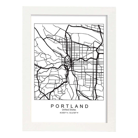 Poster con mapa de Portland. Lámina de Estados Unidos, con imágenes de mapas y carreteras-Artwork-Nacnic-A4-Marco Blanco-Nacnic Estudio SL