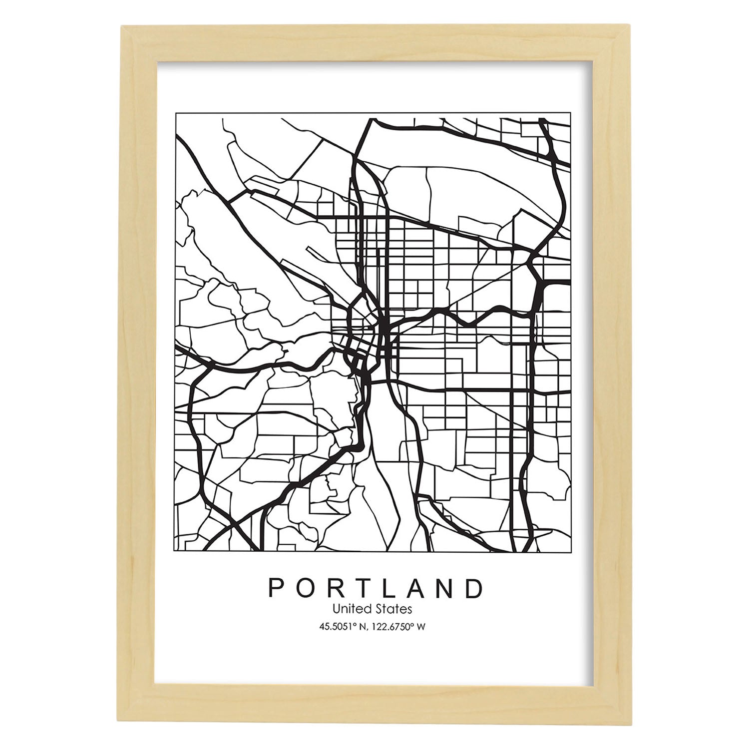 Poster con mapa de Portland. Lámina de Estados Unidos, con imágenes de mapas y carreteras-Artwork-Nacnic-A4-Marco Madera clara-Nacnic Estudio SL