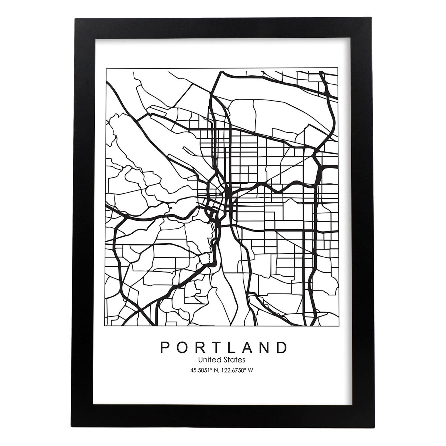 Poster con mapa de Portland. Lámina de Estados Unidos, con imágenes de mapas y carreteras-Artwork-Nacnic-A4-Marco Negro-Nacnic Estudio SL