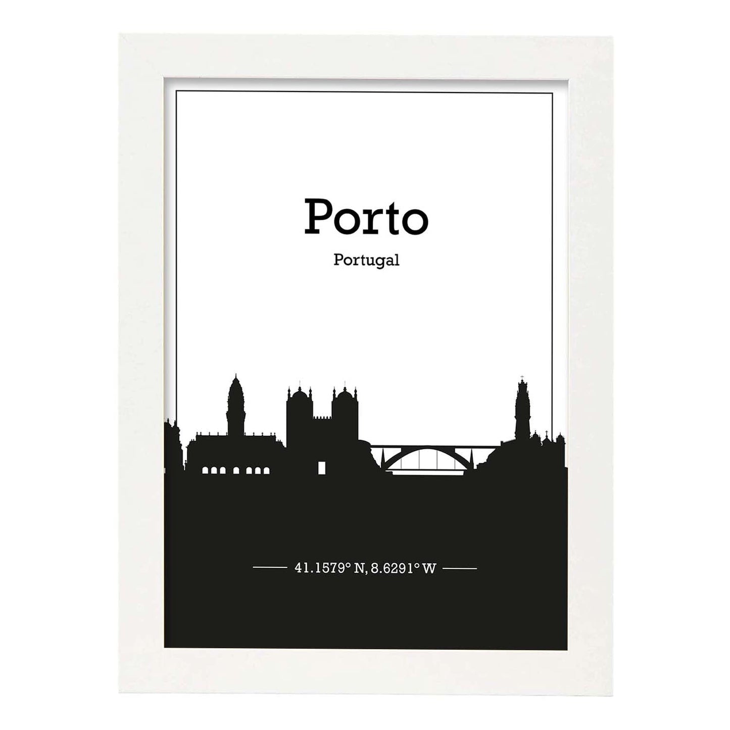 Poster con mapa de Porto - Portugal. Láminas con Skyline de ciudades de Europa con sombra negra.-Artwork-Nacnic-A3-Marco Blanco-Nacnic Estudio SL