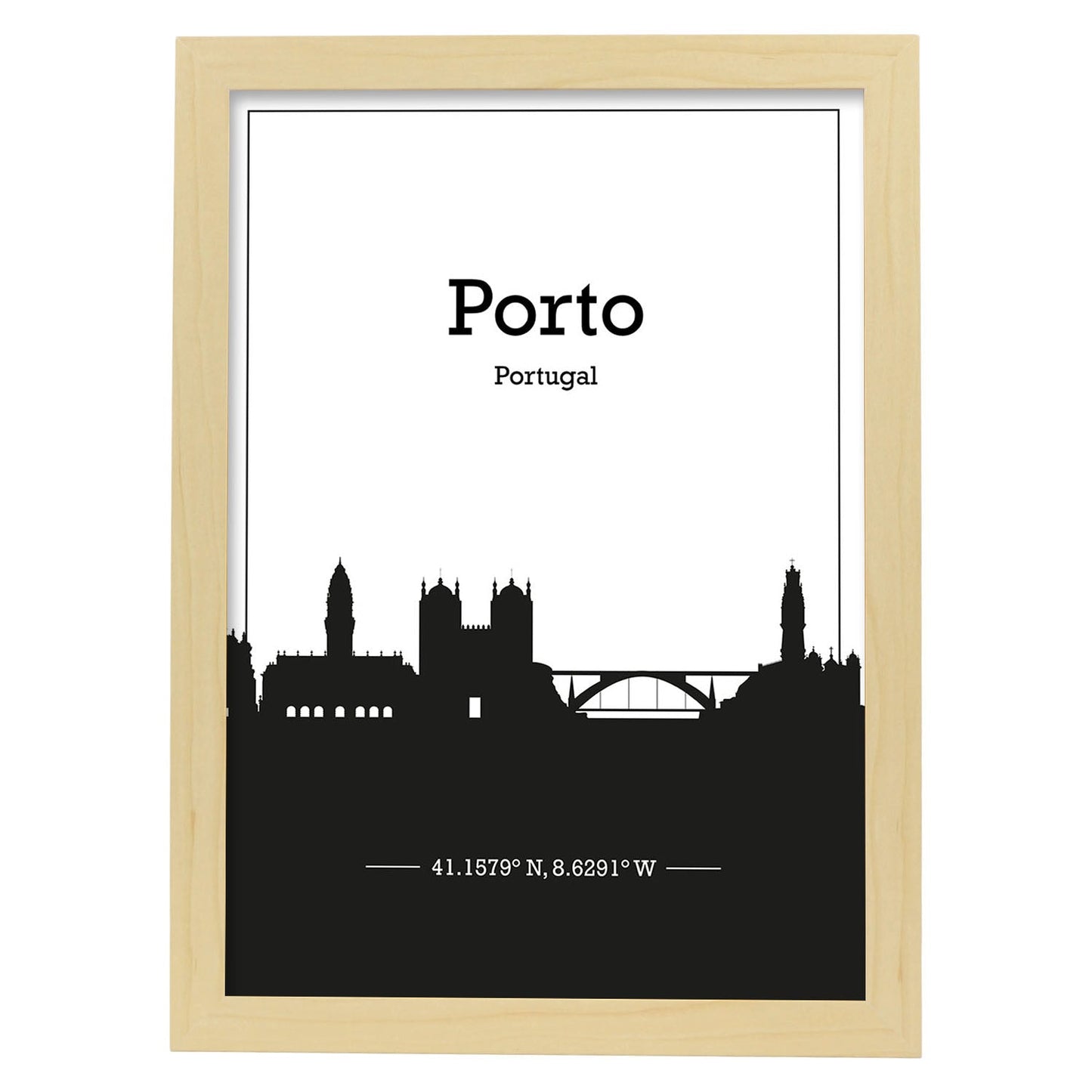 Poster con mapa de Porto - Portugal. Láminas con Skyline de ciudades de Europa con sombra negra.-Artwork-Nacnic-A3-Marco Madera clara-Nacnic Estudio SL