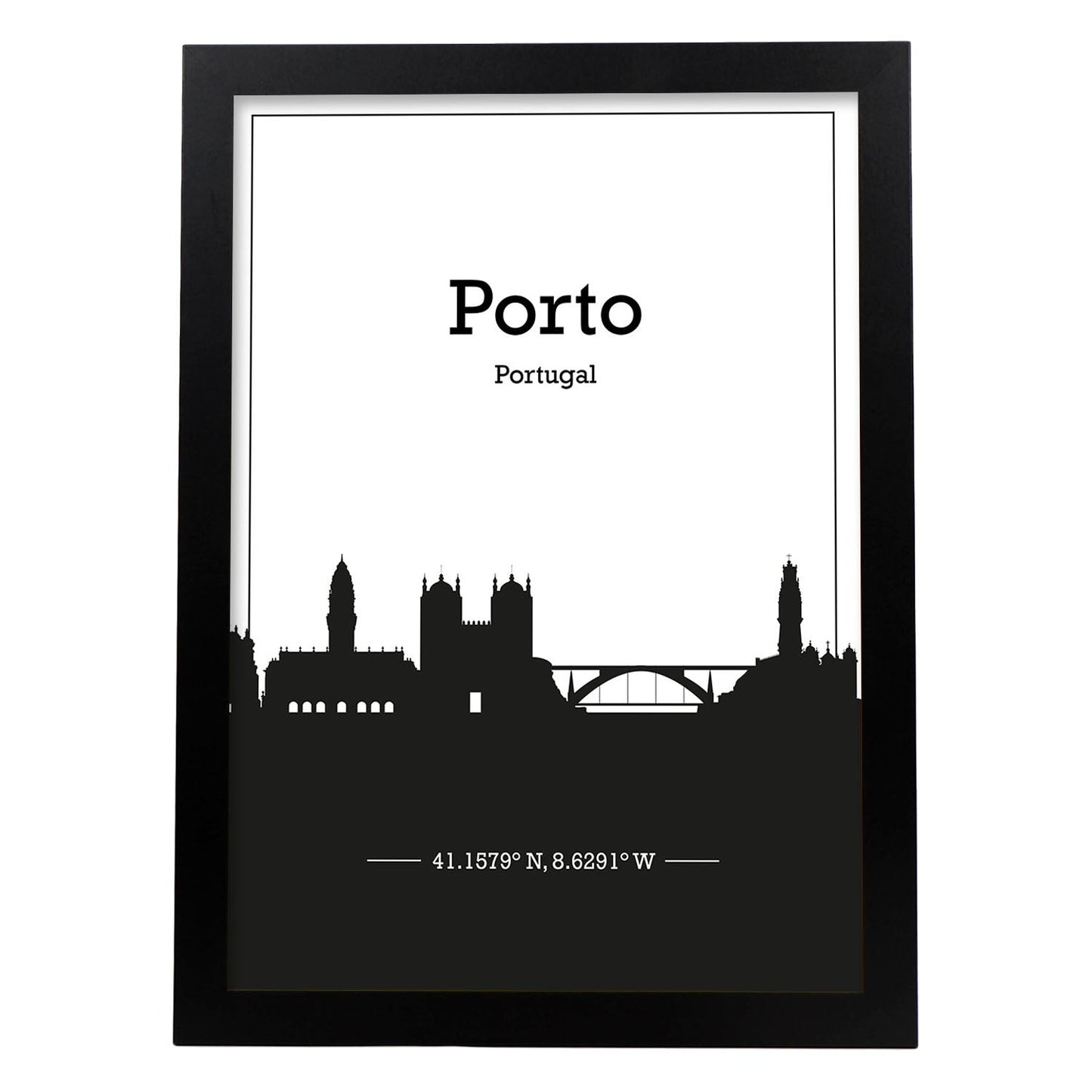 Poster con mapa de Porto - Portugal. Láminas con Skyline de ciudades de Europa con sombra negra.-Artwork-Nacnic-A3-Marco Negro-Nacnic Estudio SL