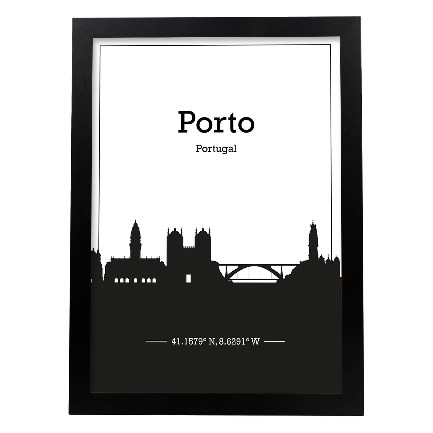 Poster con mapa de Porto - Portugal. Láminas con Skyline de ciudades de Europa con sombra negra.-Artwork-Nacnic-A4-Marco Negro-Nacnic Estudio SL