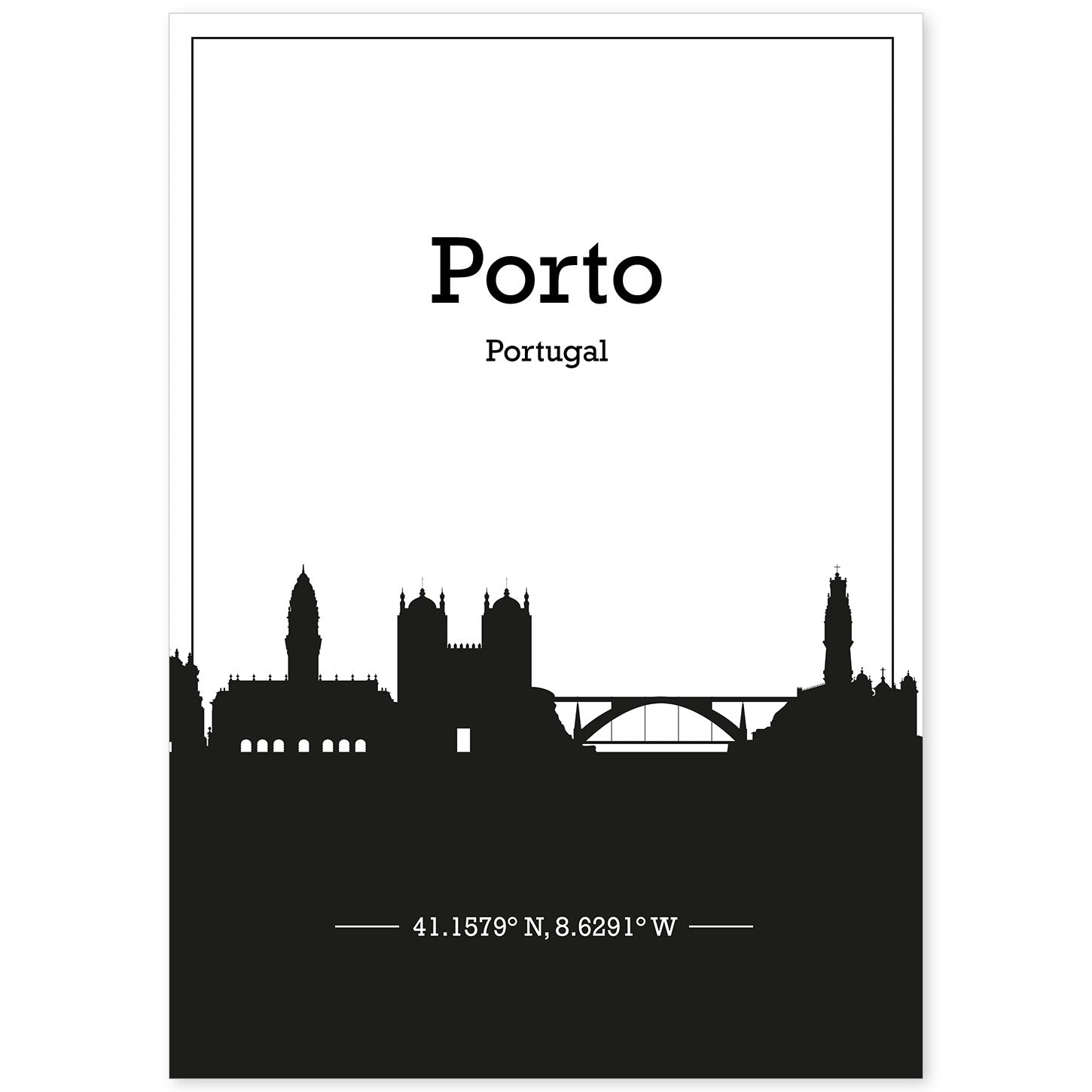 Poster con mapa de Porto - Portugal. Láminas con Skyline de ciudades de Europa con sombra negra.-Artwork-Nacnic-A4-Sin marco-Nacnic Estudio SL
