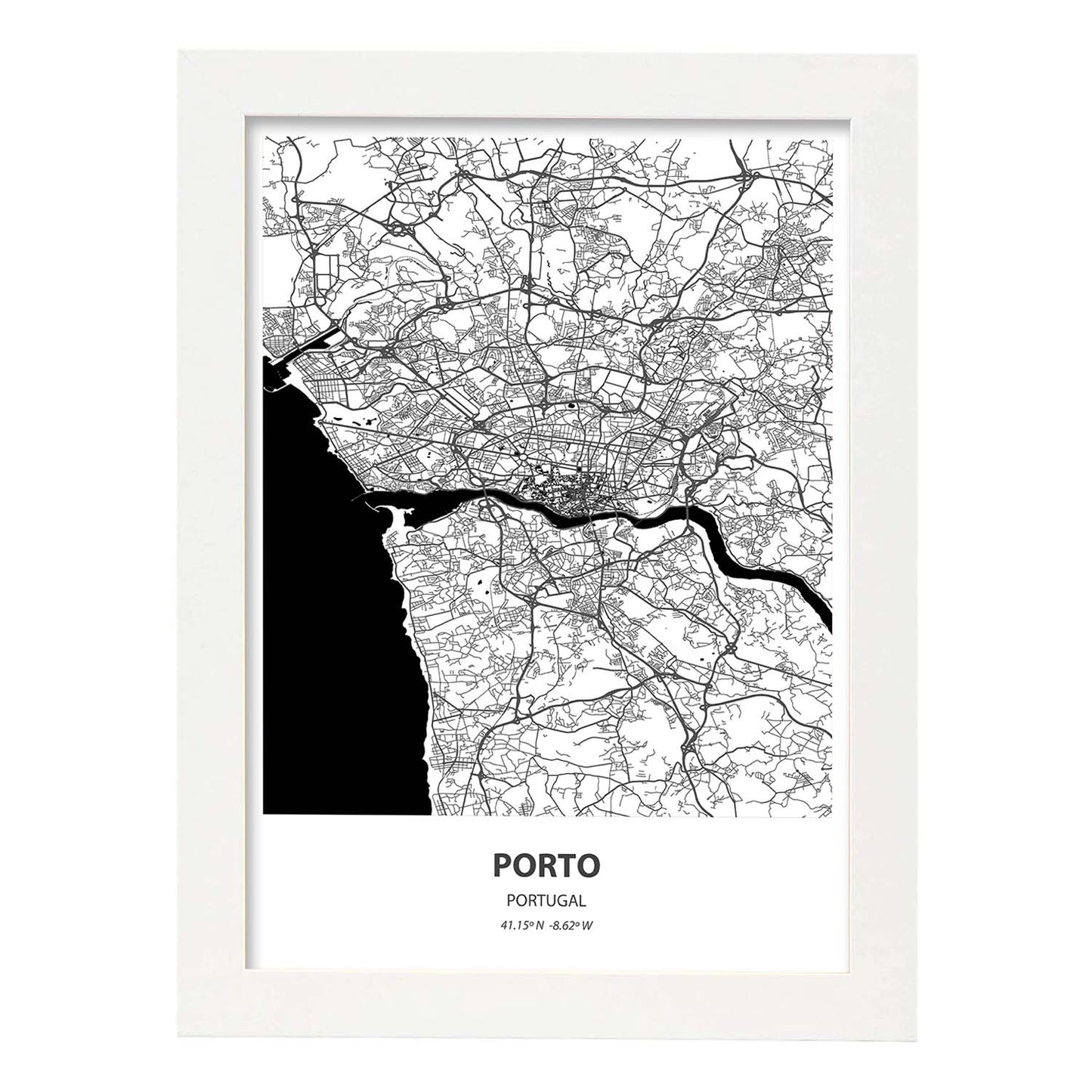 Poster con mapa de Porto - Portugal. Láminas de ciudades de España con mares y ríos en color negro.-Artwork-Nacnic-A3-Marco Blanco-Nacnic Estudio SL