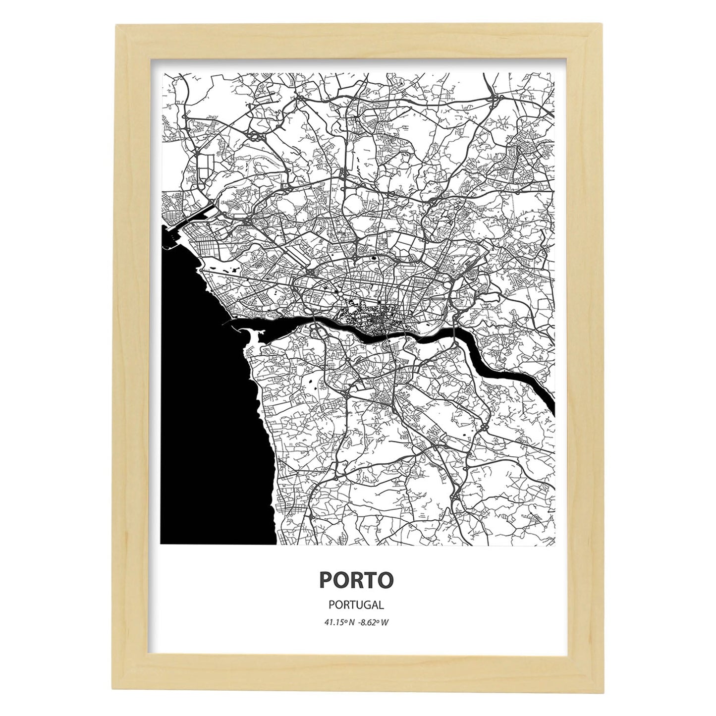 Poster con mapa de Porto - Portugal. Láminas de ciudades de España con mares y ríos en color negro.-Artwork-Nacnic-A3-Marco Madera clara-Nacnic Estudio SL