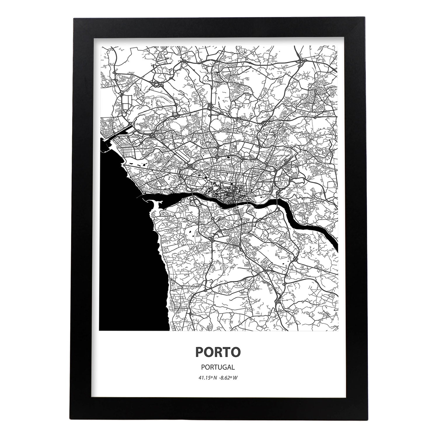 Poster con mapa de Porto - Portugal. Láminas de ciudades de España con mares y ríos en color negro.-Artwork-Nacnic-A3-Marco Negro-Nacnic Estudio SL