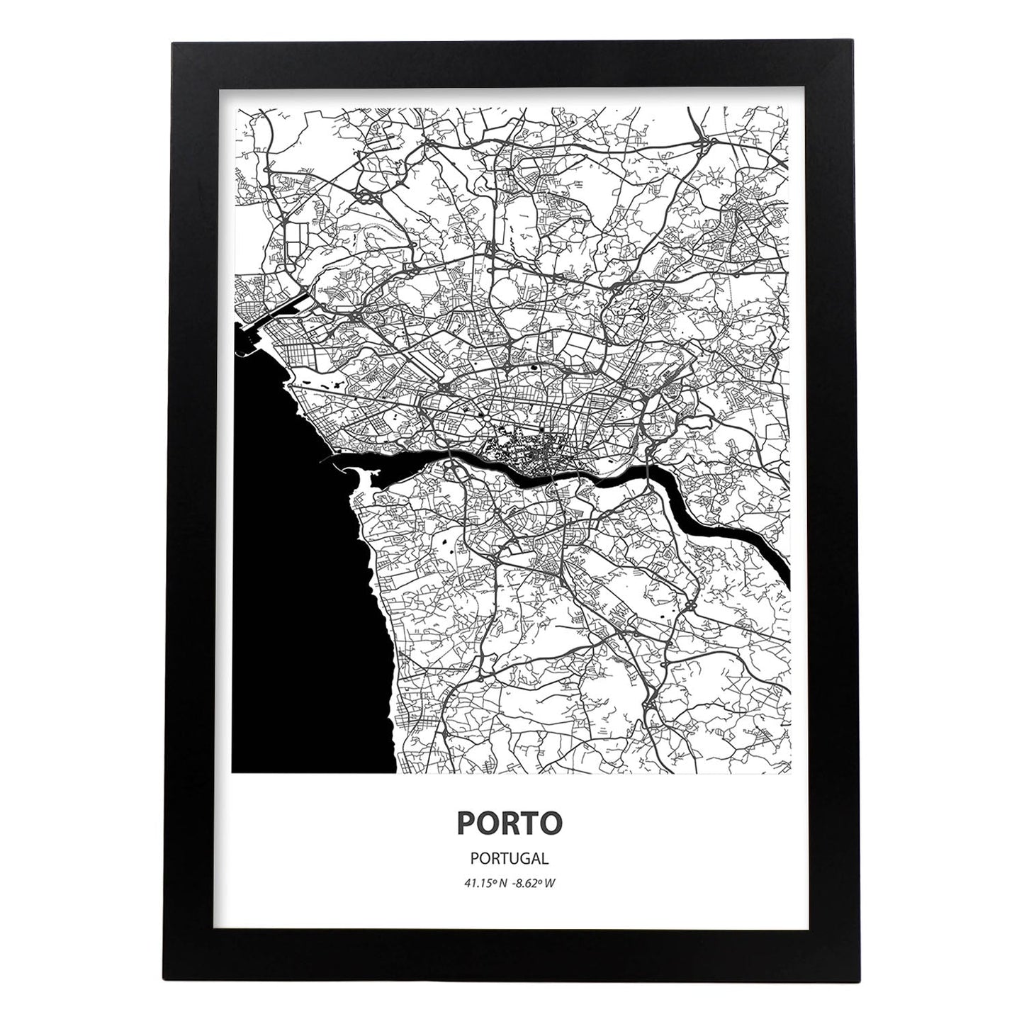 Poster con mapa de Porto - Portugal. Láminas de ciudades de España con mares y ríos en color negro.-Artwork-Nacnic-A4-Marco Negro-Nacnic Estudio SL