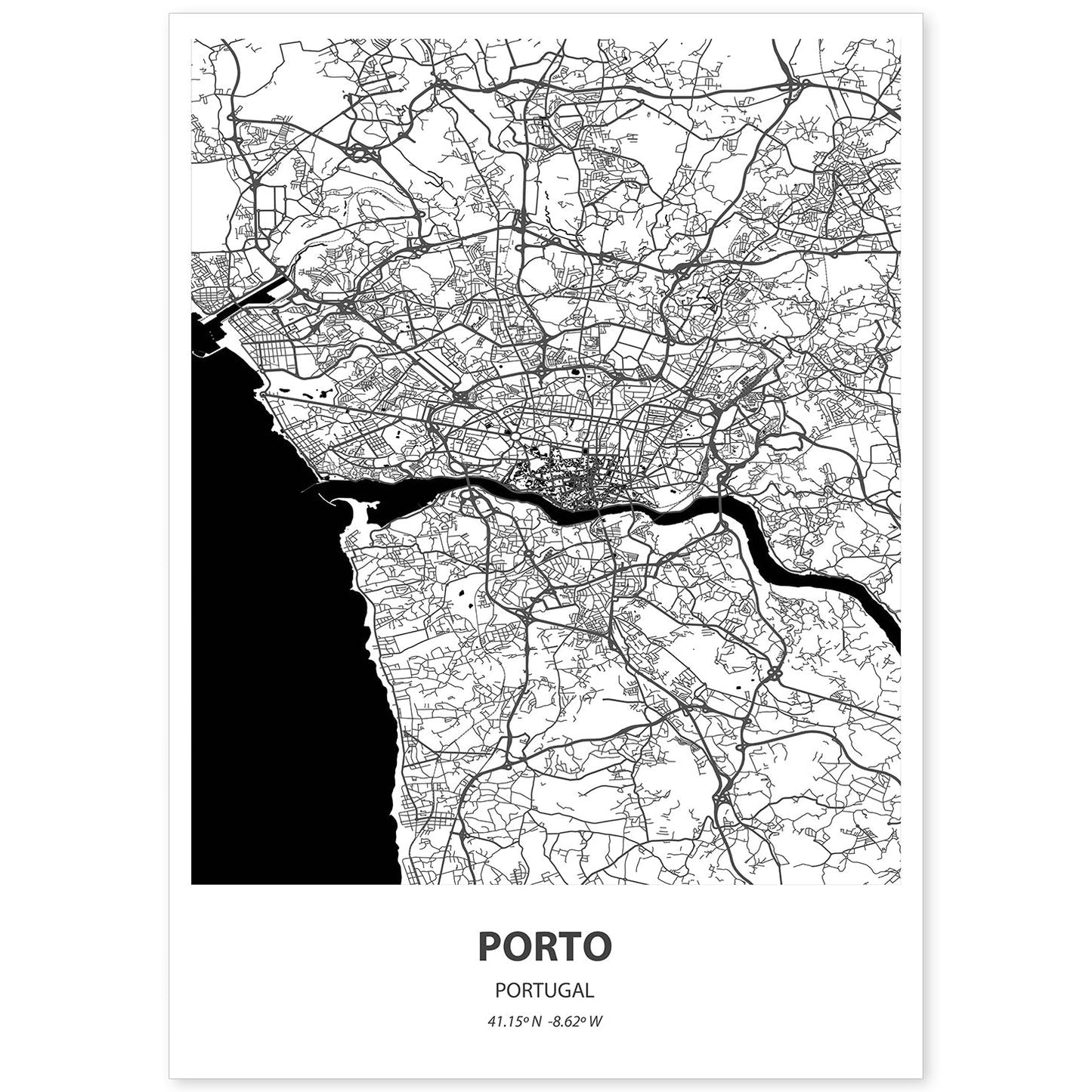 Poster con mapa de Porto - Portugal. Láminas de ciudades de España con mares y ríos en color negro.-Artwork-Nacnic-A4-Sin marco-Nacnic Estudio SL