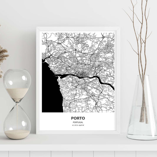 Poster con mapa de Porto - Portugal. Láminas de ciudades de España con mares y ríos en color negro.-Artwork-Nacnic-Nacnic Estudio SL