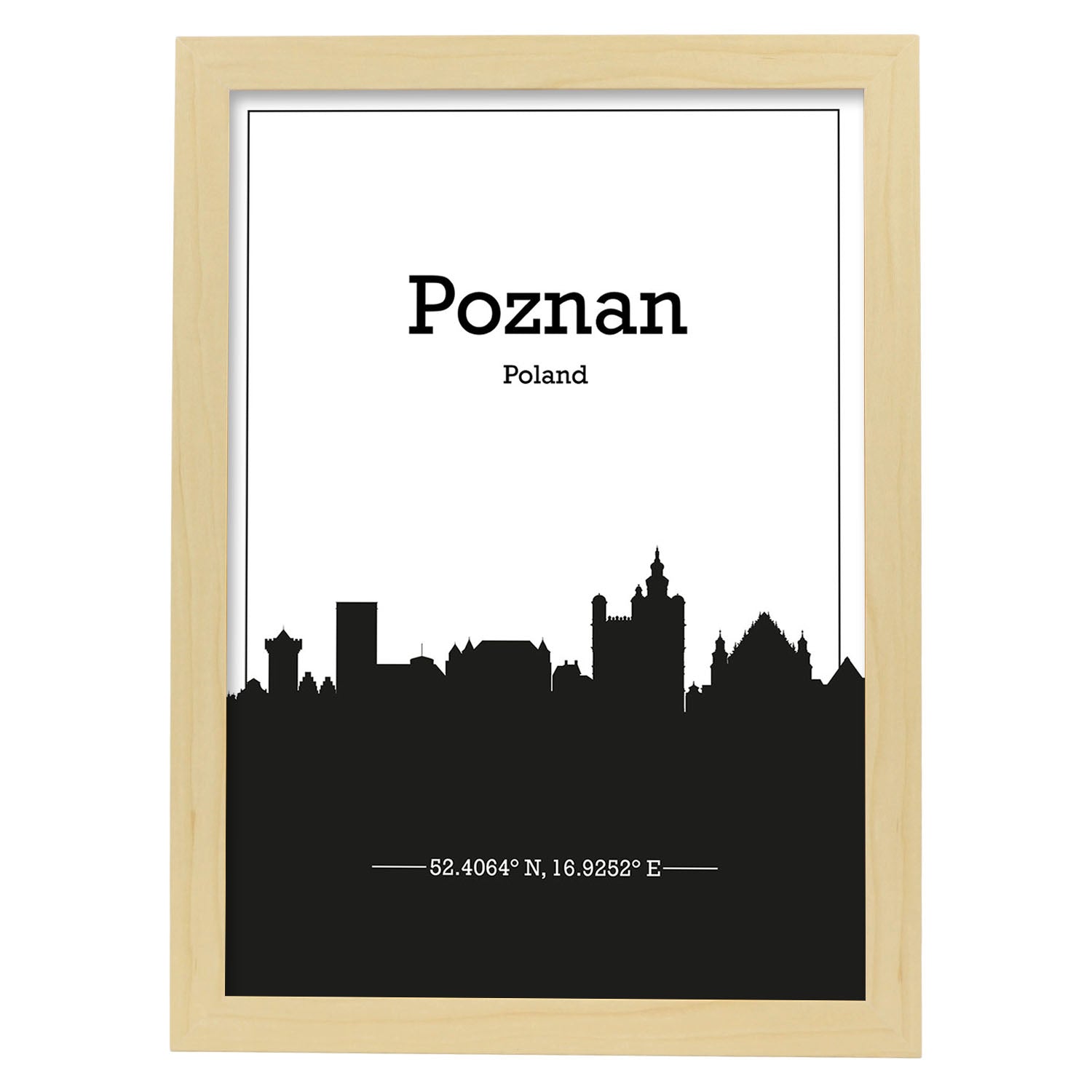 Poster con mapa de Poznan - Polonia. Láminas con Skyline de ciudades de Europa con sombra negra.-Artwork-Nacnic-A4-Marco Madera clara-Nacnic Estudio SL