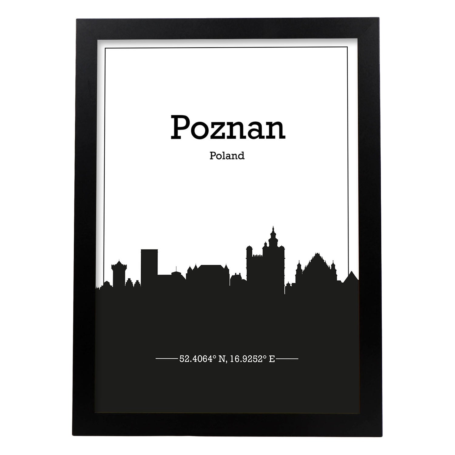 Poster con mapa de Poznan - Polonia. Láminas con Skyline de ciudades de Europa con sombra negra.-Artwork-Nacnic-A4-Marco Negro-Nacnic Estudio SL