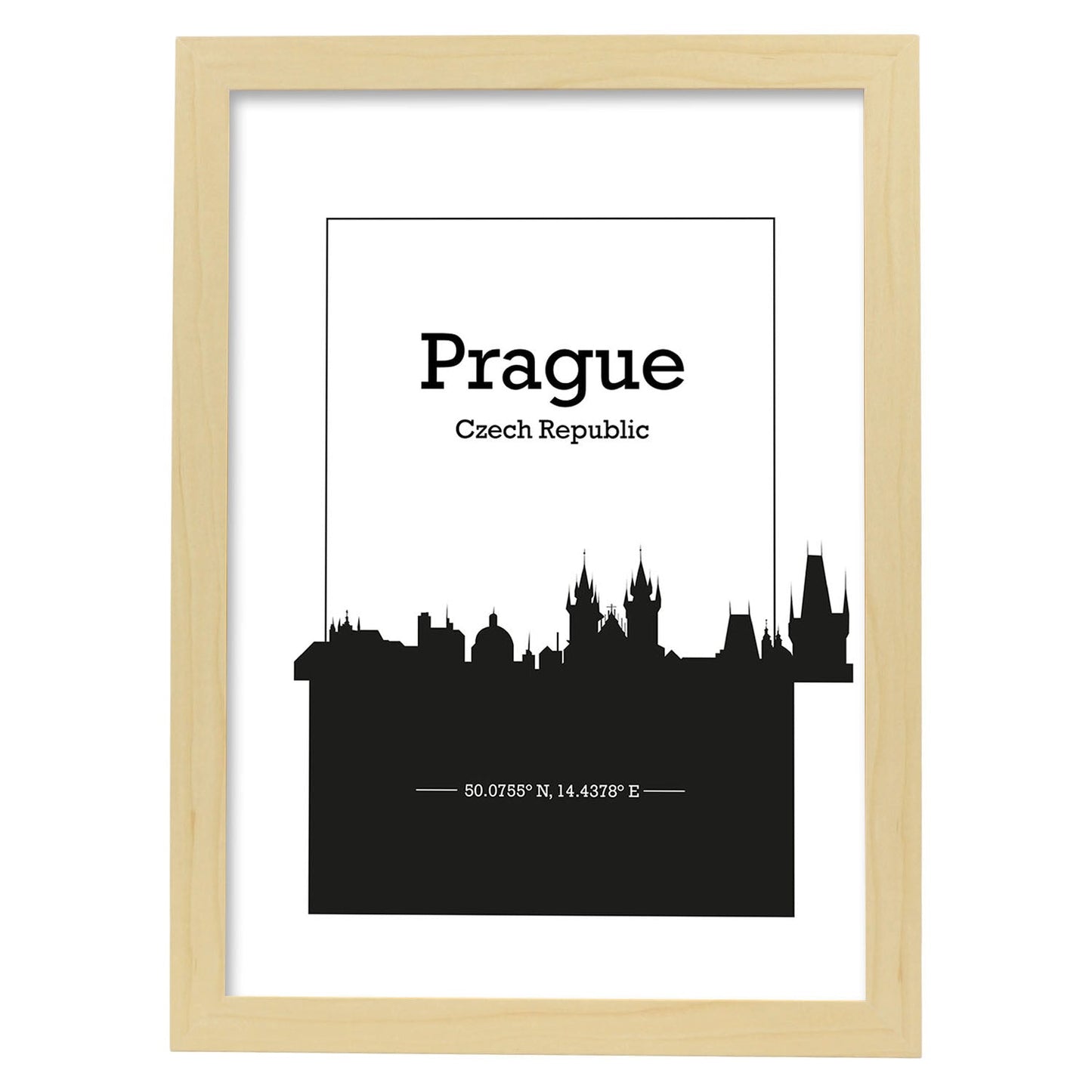 Poster con mapa de Prague - Republica Checa. Láminas con Skyline de ciudades de Europa con sombra negra.-Artwork-Nacnic-A3-Marco Madera clara-Nacnic Estudio SL