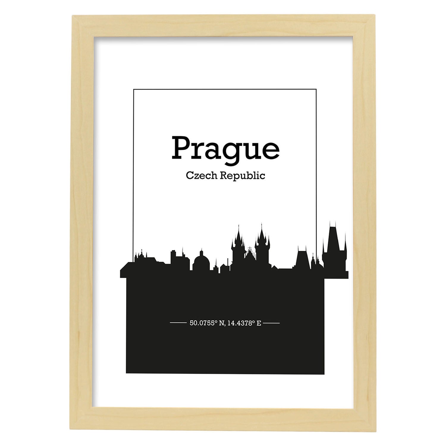 Poster con mapa de Prague - Republica Checa. Láminas con Skyline de ciudades de Europa con sombra negra.-Artwork-Nacnic-A4-Marco Madera clara-Nacnic Estudio SL