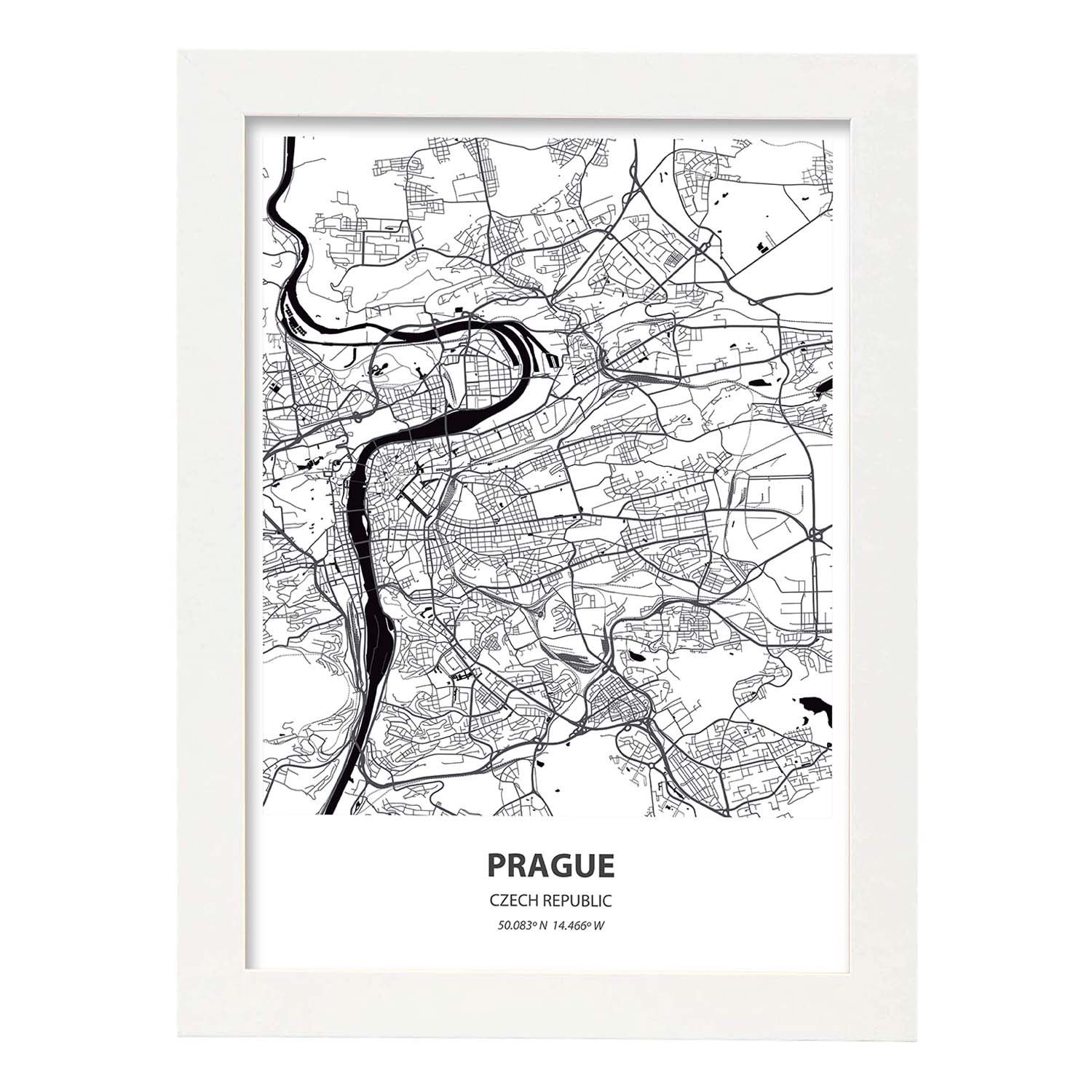 Poster con mapa de Prague - Republica Checa. Láminas de ciudades de Europa con mares y ríos en color negro.-Artwork-Nacnic-A3-Marco Blanco-Nacnic Estudio SL