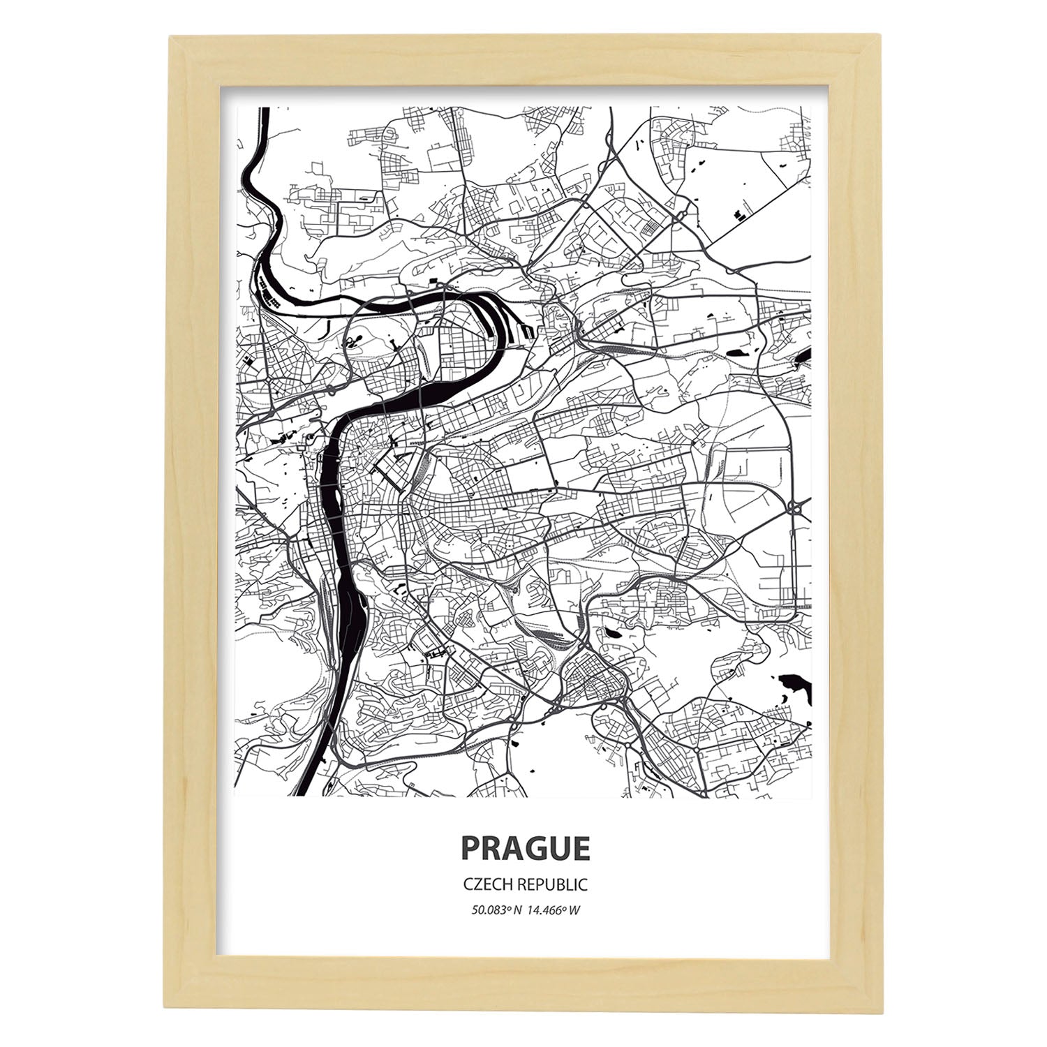 Poster con mapa de Prague - Republica Checa. Láminas de ciudades de Europa con mares y ríos en color negro.-Artwork-Nacnic-A3-Marco Madera clara-Nacnic Estudio SL