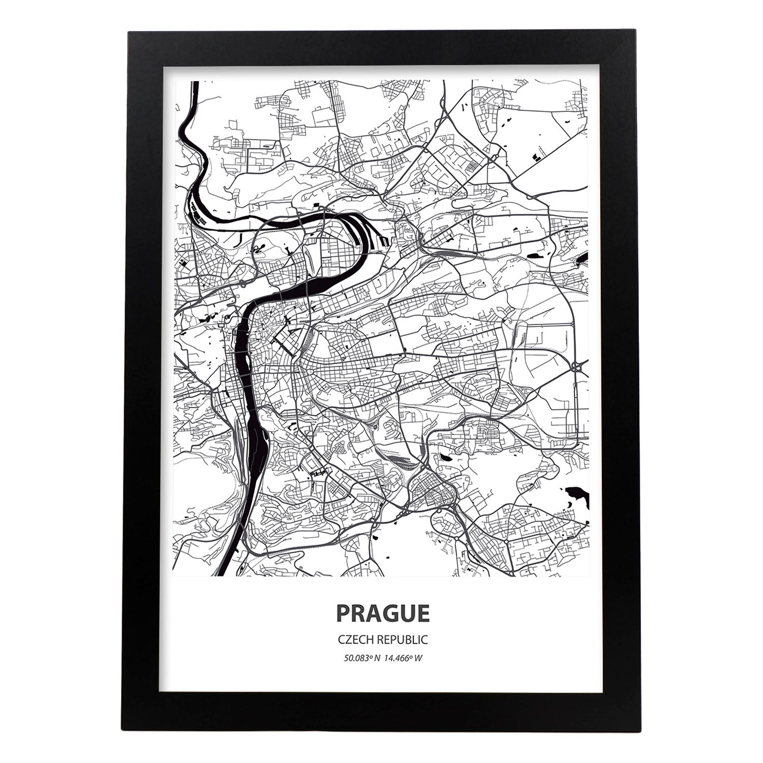 Poster con mapa de Prague - Republica Checa. Láminas de ciudades de Europa con mares y ríos en color negro.-Artwork-Nacnic-A3-Marco Negro-Nacnic Estudio SL