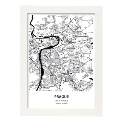 Poster con mapa de Prague - Republica Checa. Láminas de ciudades de Europa con mares y ríos en color negro.-Artwork-Nacnic-A4-Marco Blanco-Nacnic Estudio SL