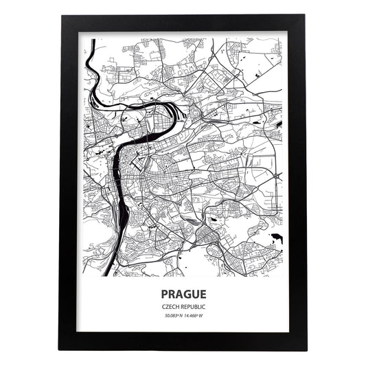 Poster con mapa de Prague - Republica Checa. Láminas de ciudades de Europa con mares y ríos en color negro.-Artwork-Nacnic-A4-Marco Negro-Nacnic Estudio SL