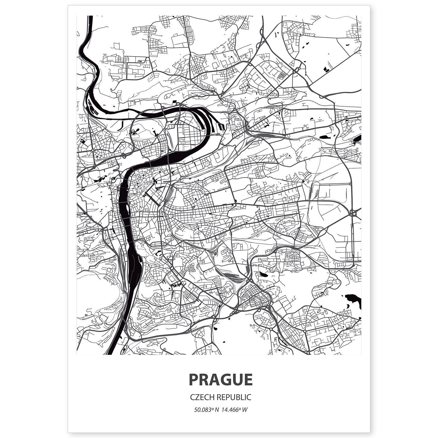 Poster con mapa de Prague - Republica Checa. Láminas de ciudades de Europa con mares y ríos en color negro.-Artwork-Nacnic-A4-Sin marco-Nacnic Estudio SL