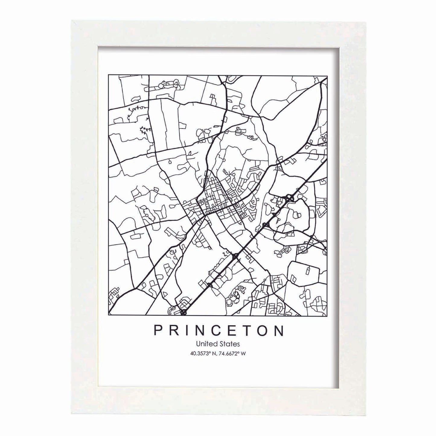 Poster con mapa de Princeton. Lámina de Estados Unidos, con imágenes de mapas y carreteras-Artwork-Nacnic-A3-Marco Blanco-Nacnic Estudio SL