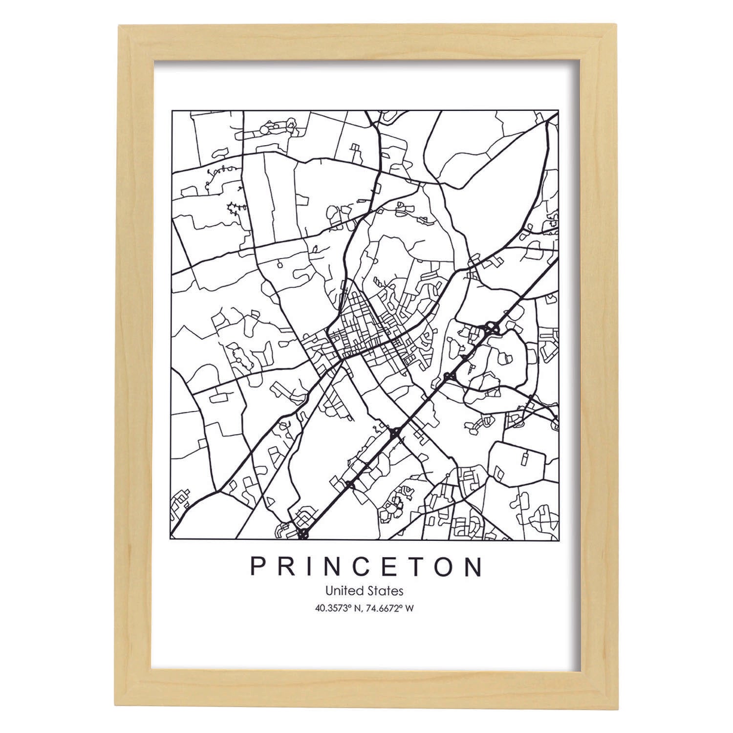 Poster con mapa de Princeton. Lámina de Estados Unidos, con imágenes de mapas y carreteras-Artwork-Nacnic-A3-Marco Madera clara-Nacnic Estudio SL
