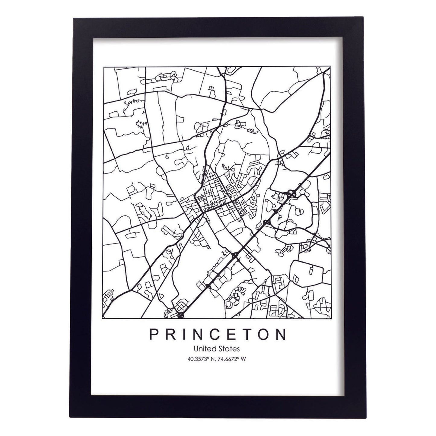 Poster con mapa de Princeton. Lámina de Estados Unidos, con imágenes de mapas y carreteras-Artwork-Nacnic-A3-Marco Negro-Nacnic Estudio SL
