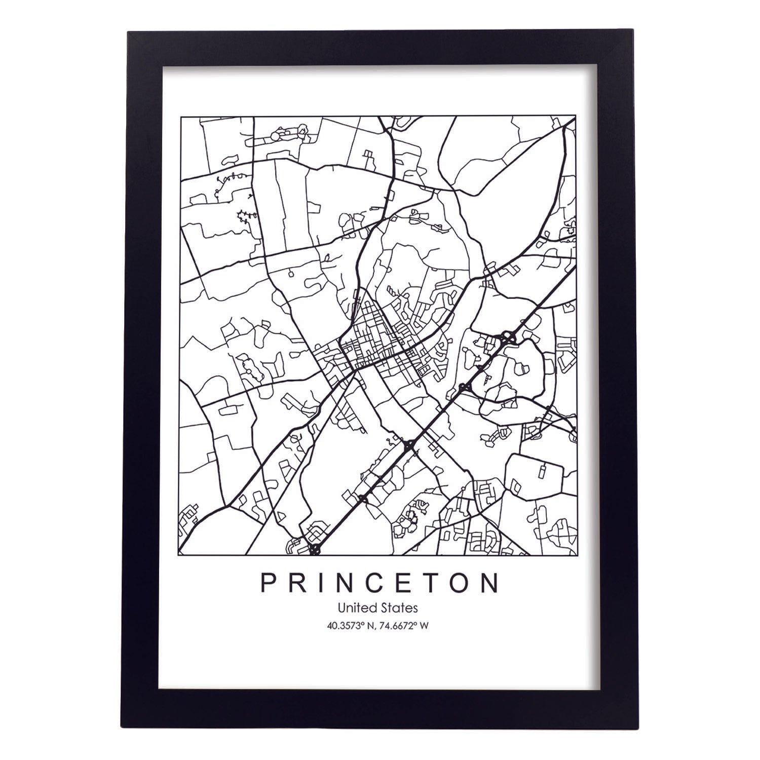 Poster con mapa de Princeton. Lámina de Estados Unidos, con imágenes de mapas y carreteras-Artwork-Nacnic-A3-Marco Negro-Nacnic Estudio SL