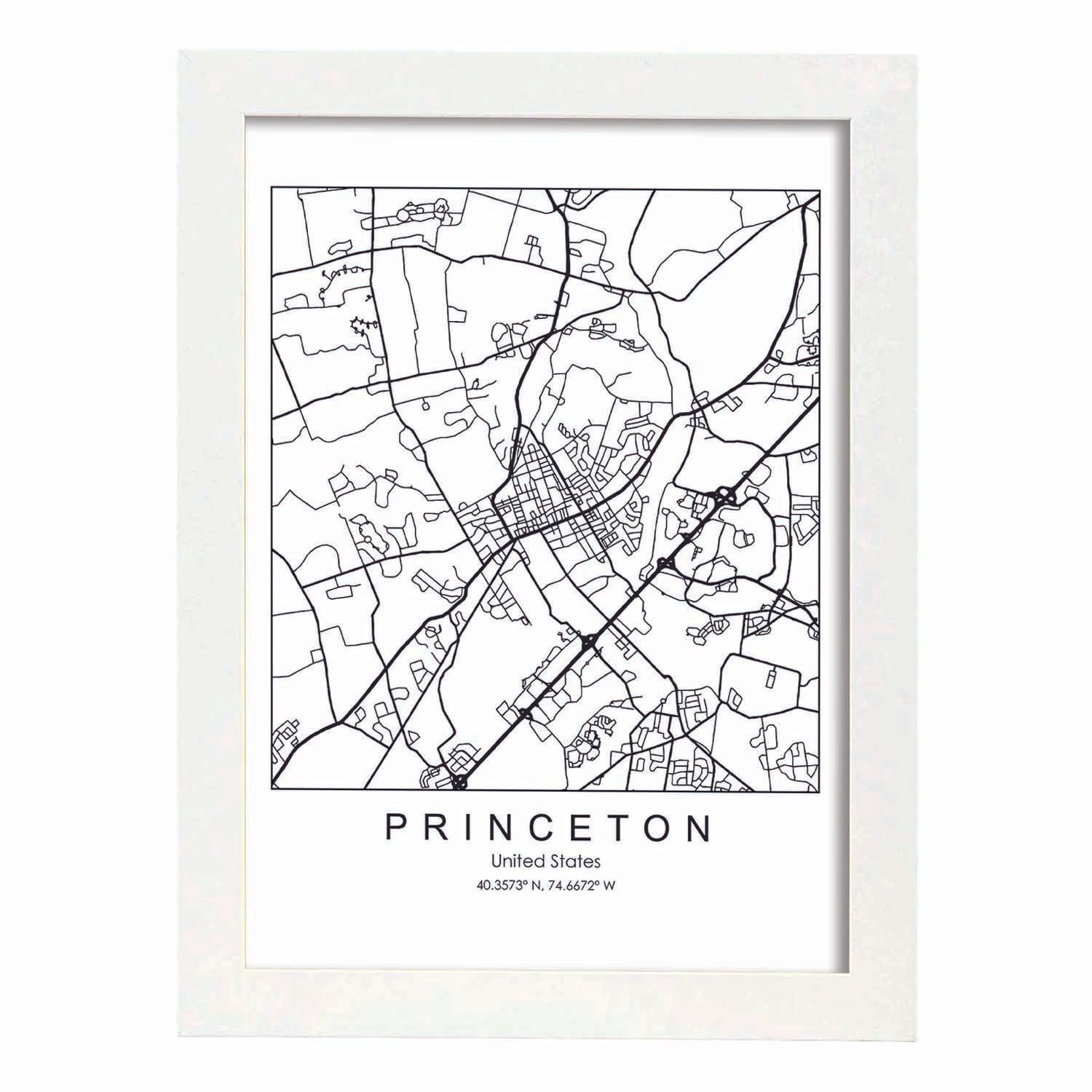 Poster con mapa de Princeton. Lámina de Estados Unidos, con imágenes de mapas y carreteras-Artwork-Nacnic-A4-Marco Blanco-Nacnic Estudio SL