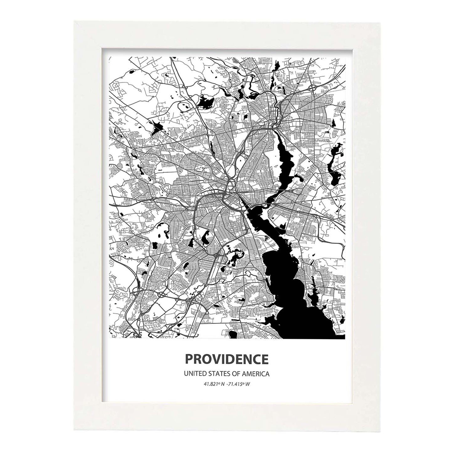 Poster con mapa de Providence - USA. Láminas de ciudades de Estados Unidos con mares y ríos en color negro.-Artwork-Nacnic-A3-Marco Blanco-Nacnic Estudio SL
